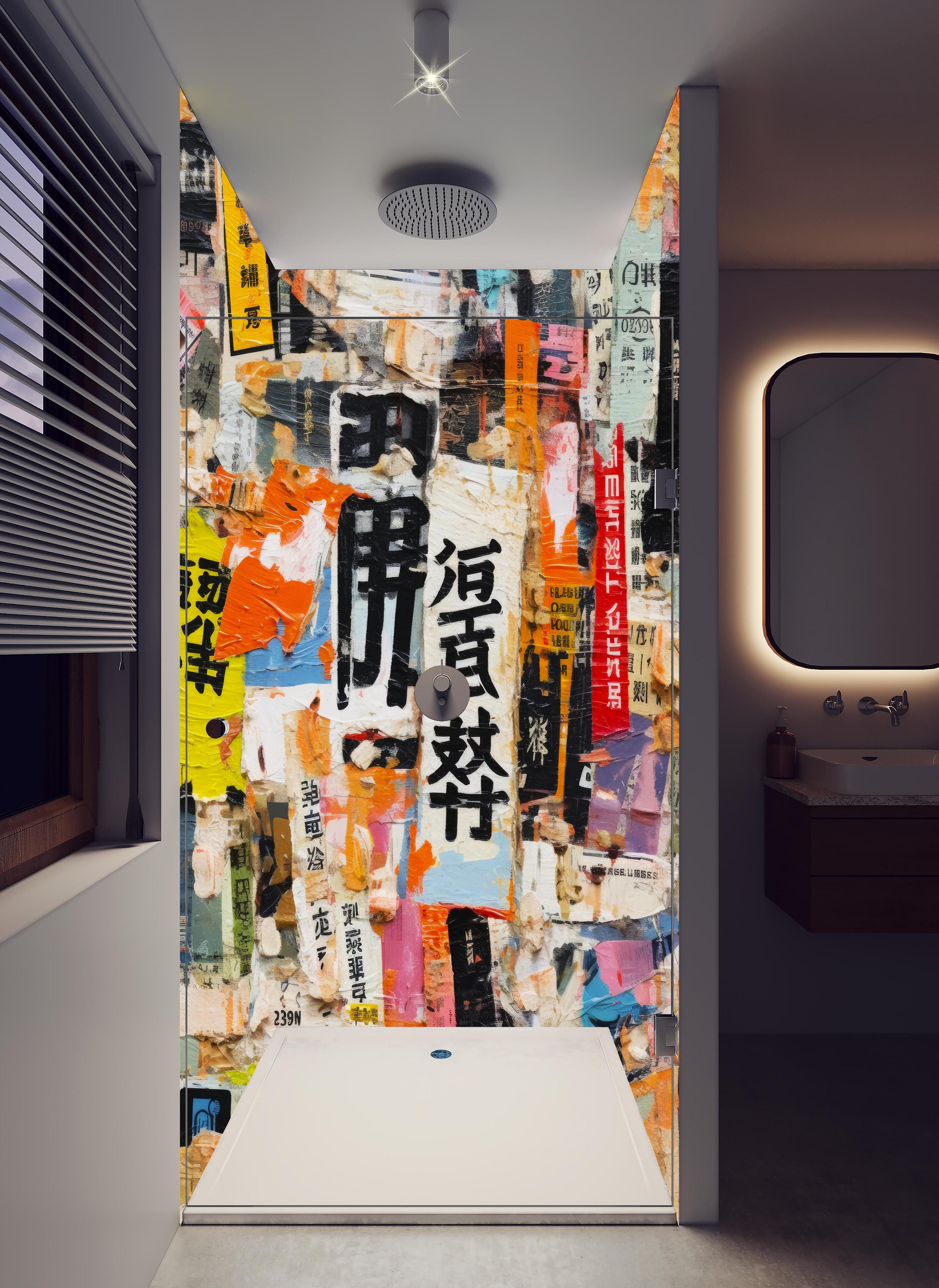 Duschrückwand - Farbenfrohe Urban-Art Frauencollage in hellem Badezimmer mit Regenduschkopf - zweiteilige Eck-Duschrückwand