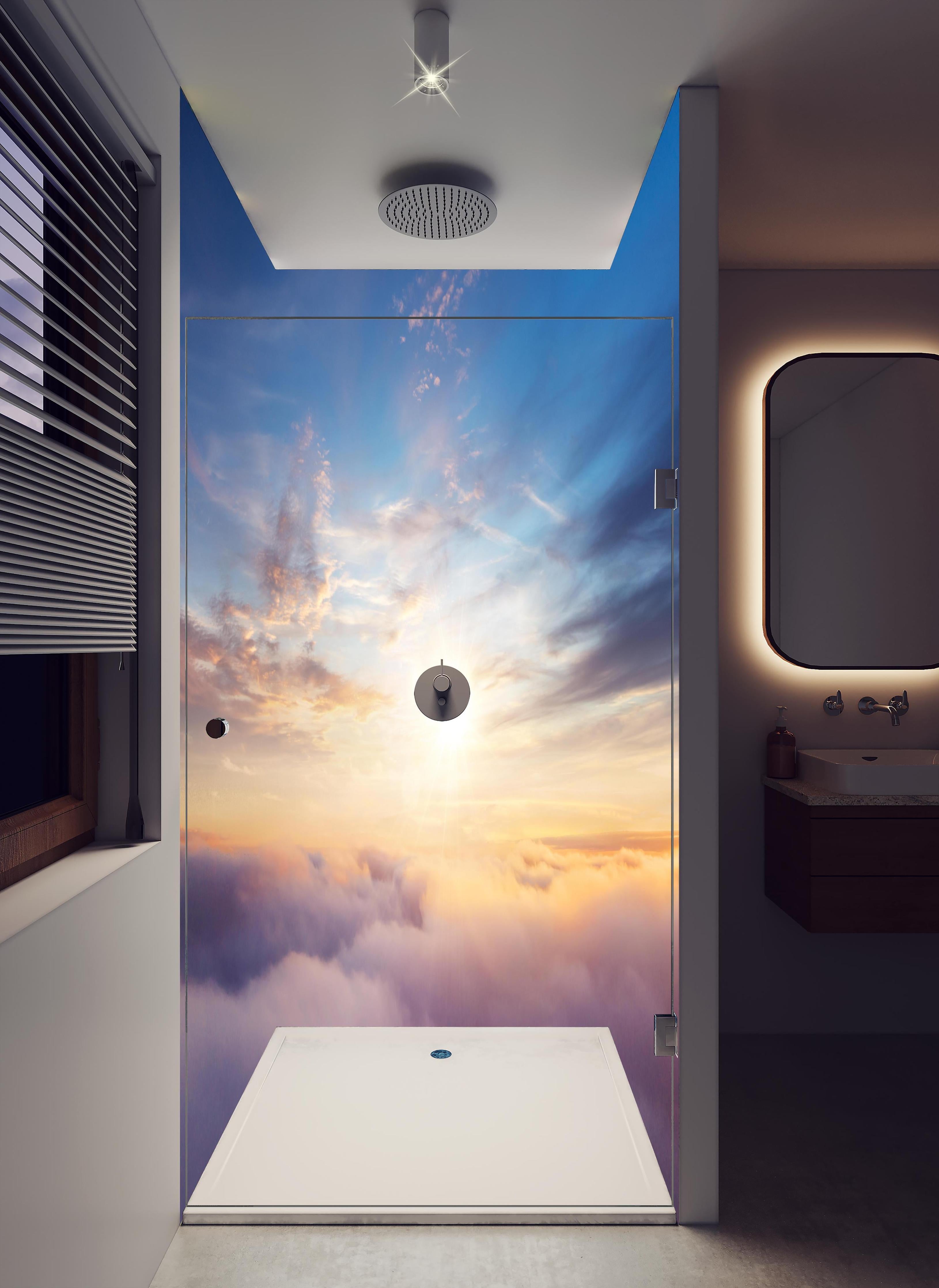 Duschrückwand - Farbenfrohe Wolken bei Sonnenaufgang in hellem Badezimmer mit Regenduschkopf - zweiteilige Eck-Duschrückwand