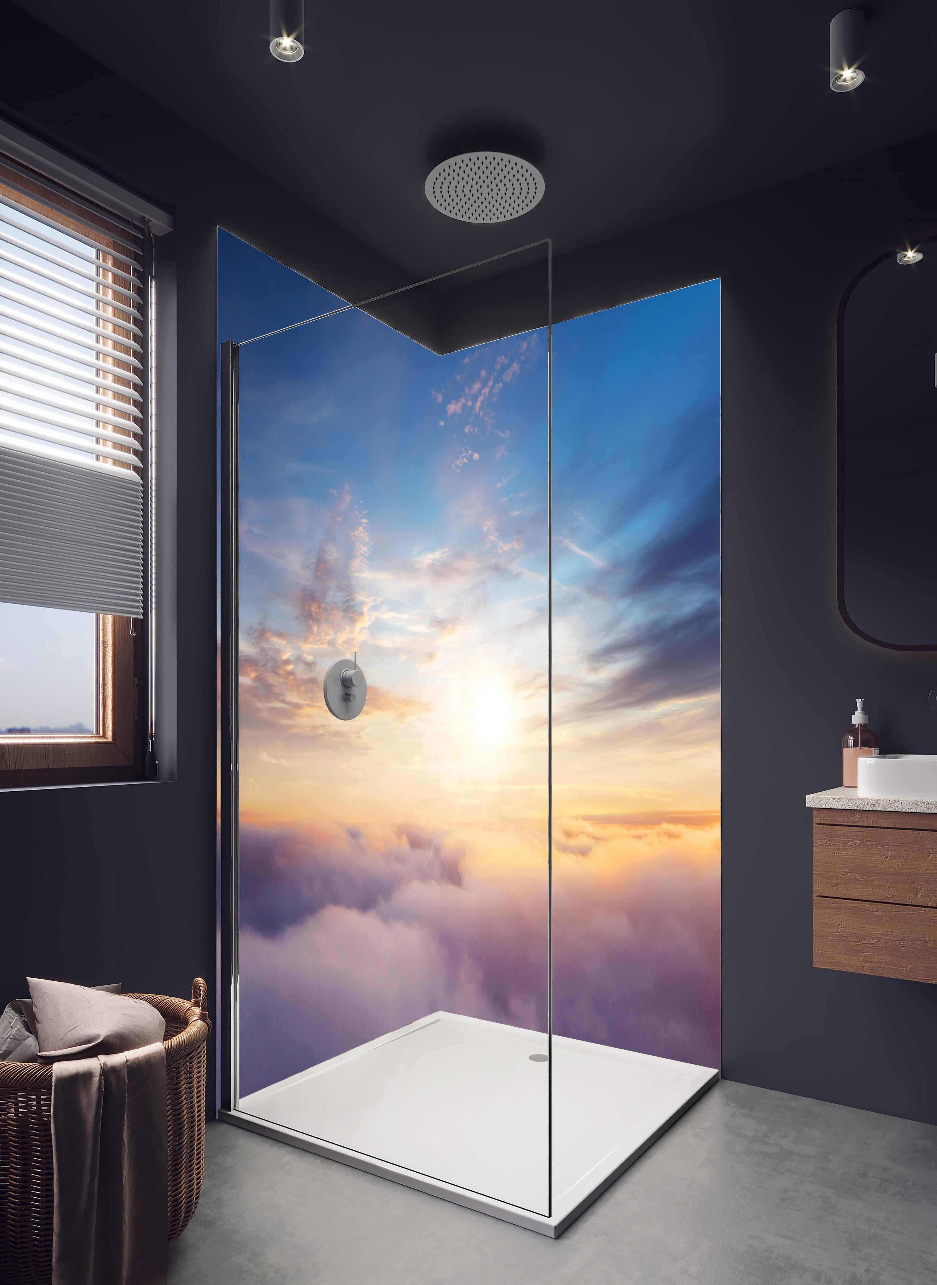 Duschrückwand - Farbenfrohe Wolken bei Sonnenaufgang in hellem Badezimmer mit Regenduschkopf - zweiteilige Eck-Duschrückwand