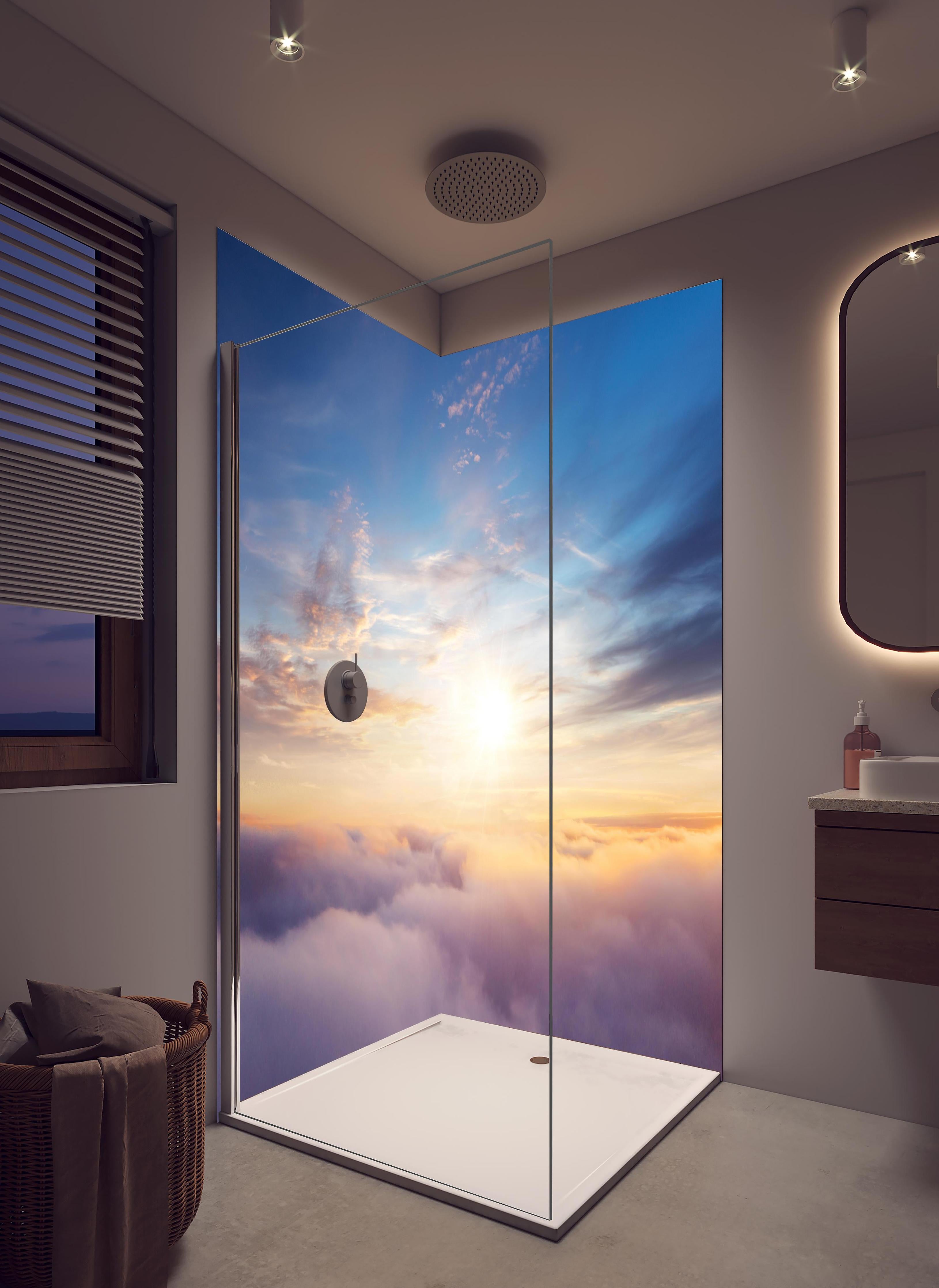 Duschrückwand - Farbenfrohe Wolken bei Sonnenaufgang in hellem Badezimmer mit Regenduschkopf - zweiteilige Eck-Duschrückwand