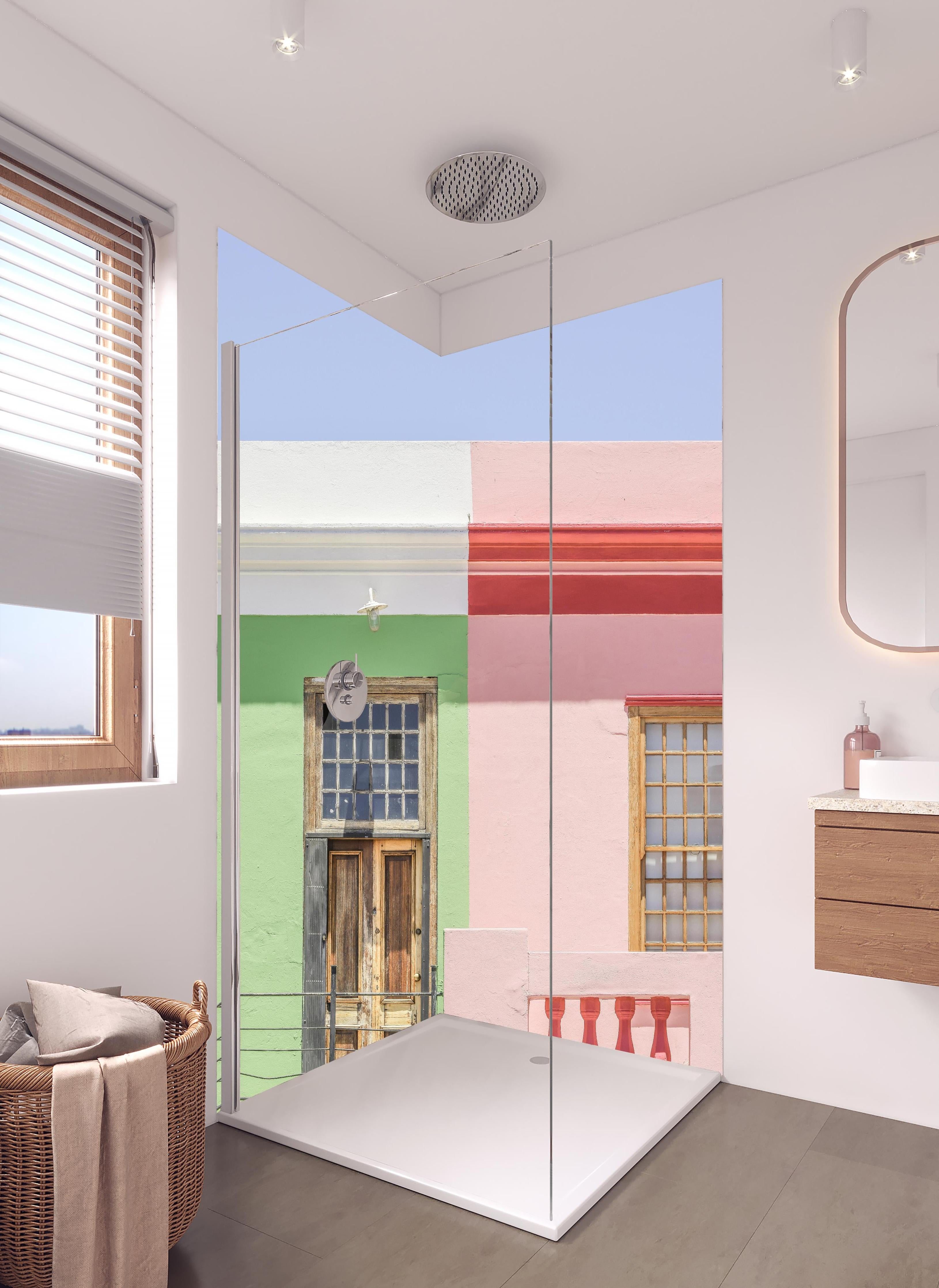Duschrückwand - Farbenfrohe urbane Cottage Hausfassaden in hellem Badezimmer mit Regenduschkopf - zweiteilige Eck-Duschrückwand