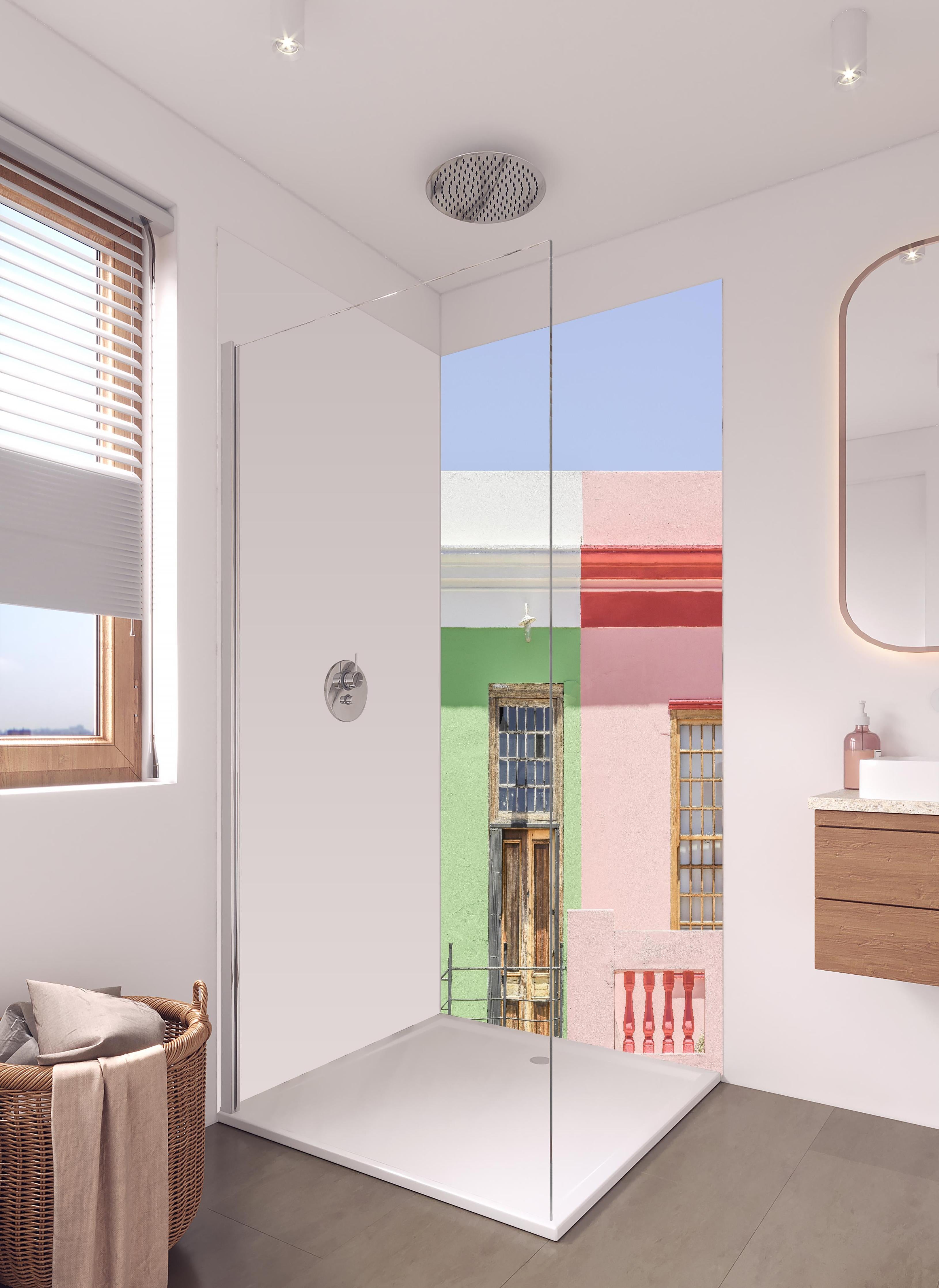 Duschrückwand - Farbenfrohe urbane Cottage Hausfassaden in hellem Badezimmer mit Regenduschkopf - zweiteilige Eck-Duschrückwand