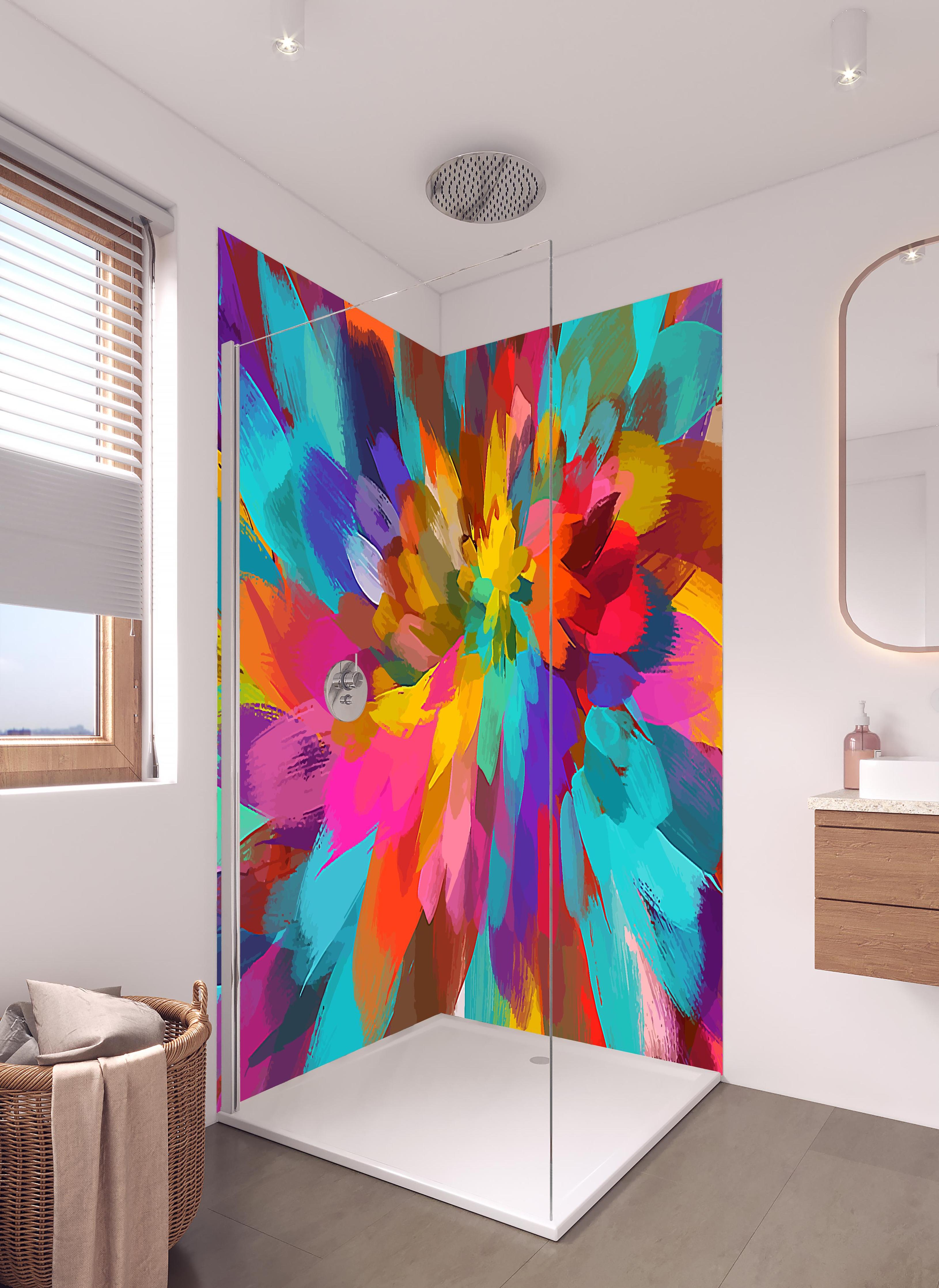Duschrückwand - Farbenfrohes Abstrakt Blumenkunstwerk in hellem Badezimmer mit Regenduschkopf - zweiteilige Eck-Duschrückwand
