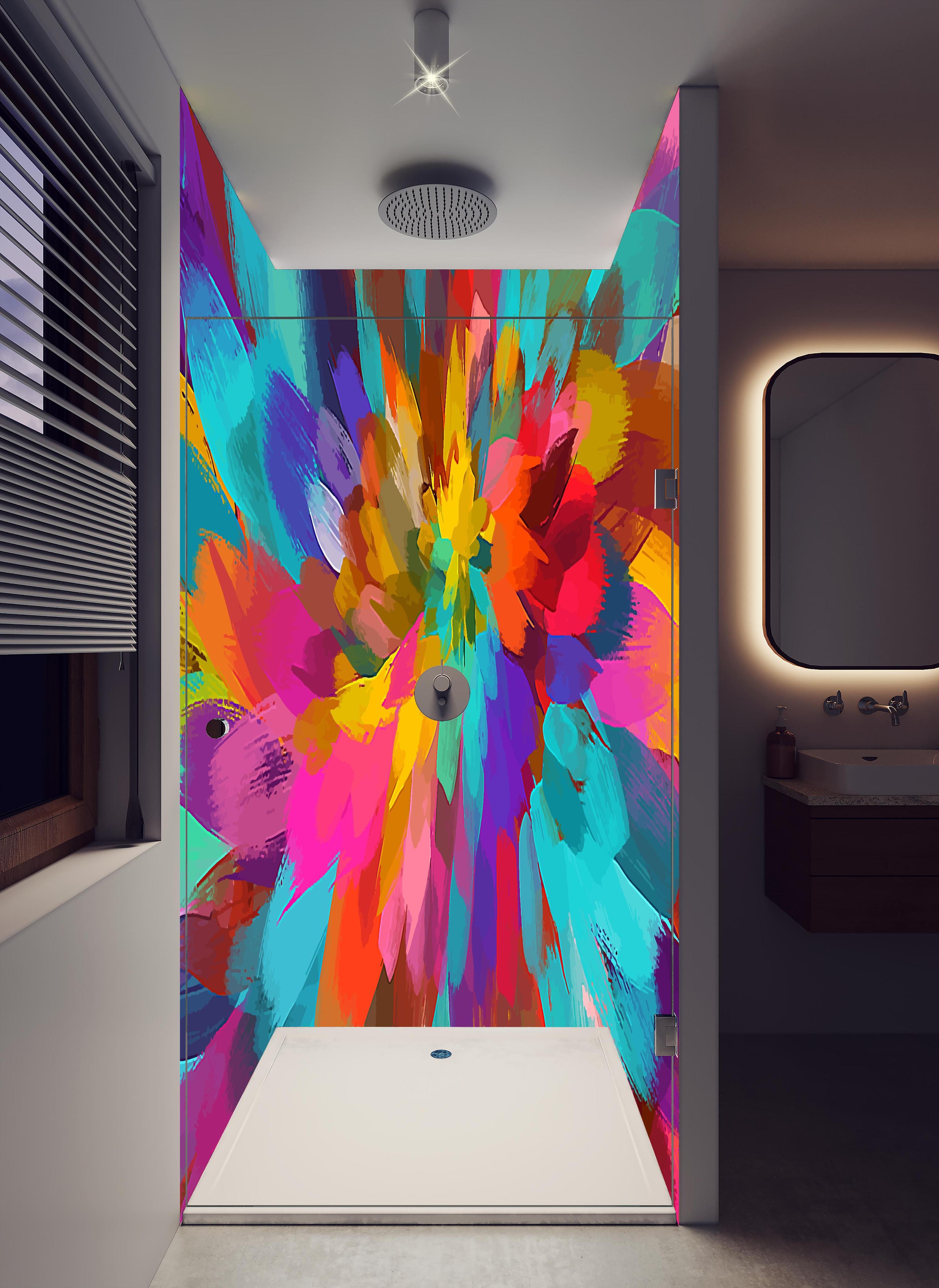 Duschrückwand - Farbenfrohes Abstrakt Blumenkunstwerk in hellem Badezimmer mit Regenduschkopf - zweiteilige Eck-Duschrückwand