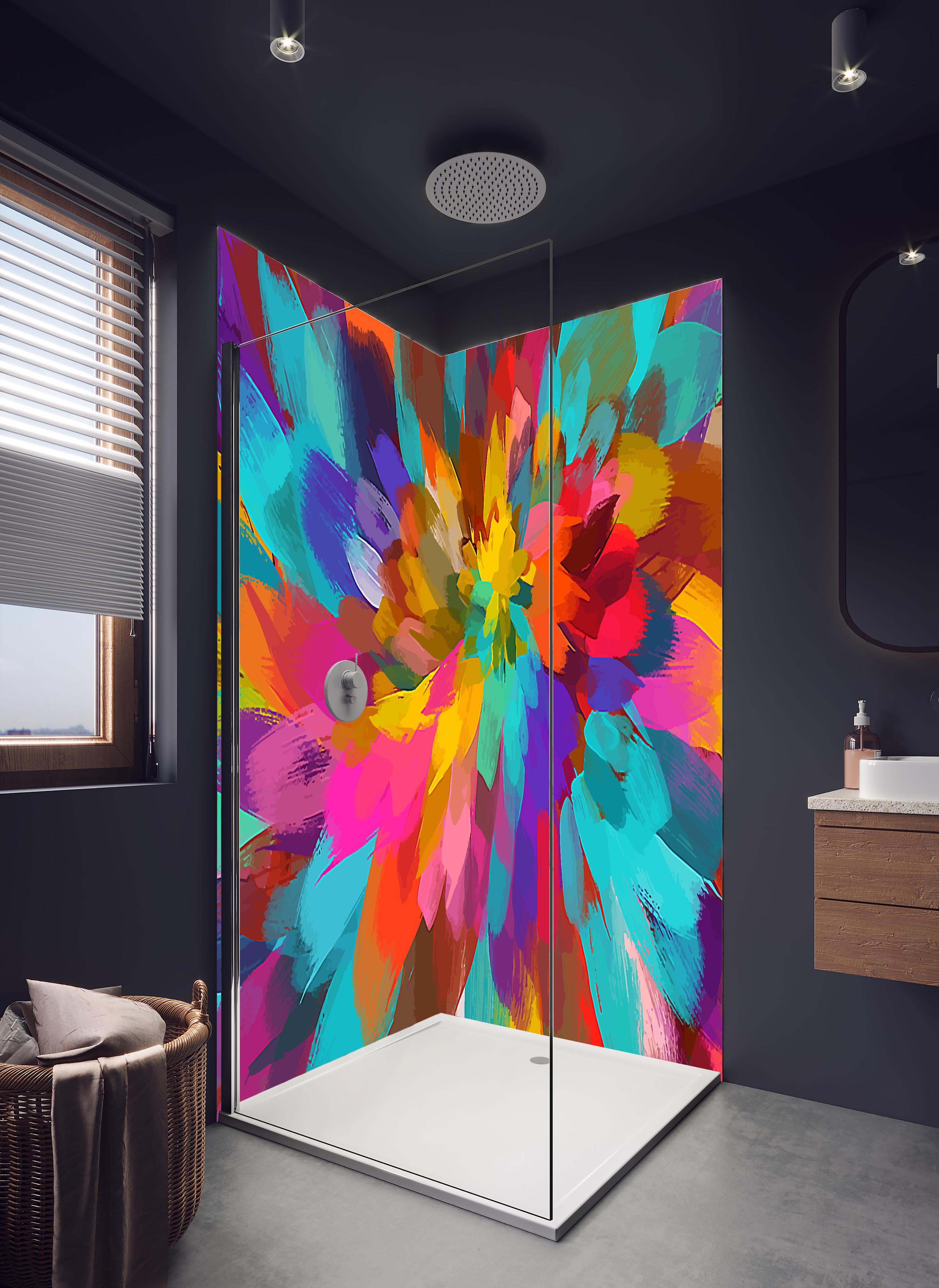 Duschrückwand - Farbenfrohes Abstrakt Blumenkunstwerk in hellem Badezimmer mit Regenduschkopf - zweiteilige Eck-Duschrückwand