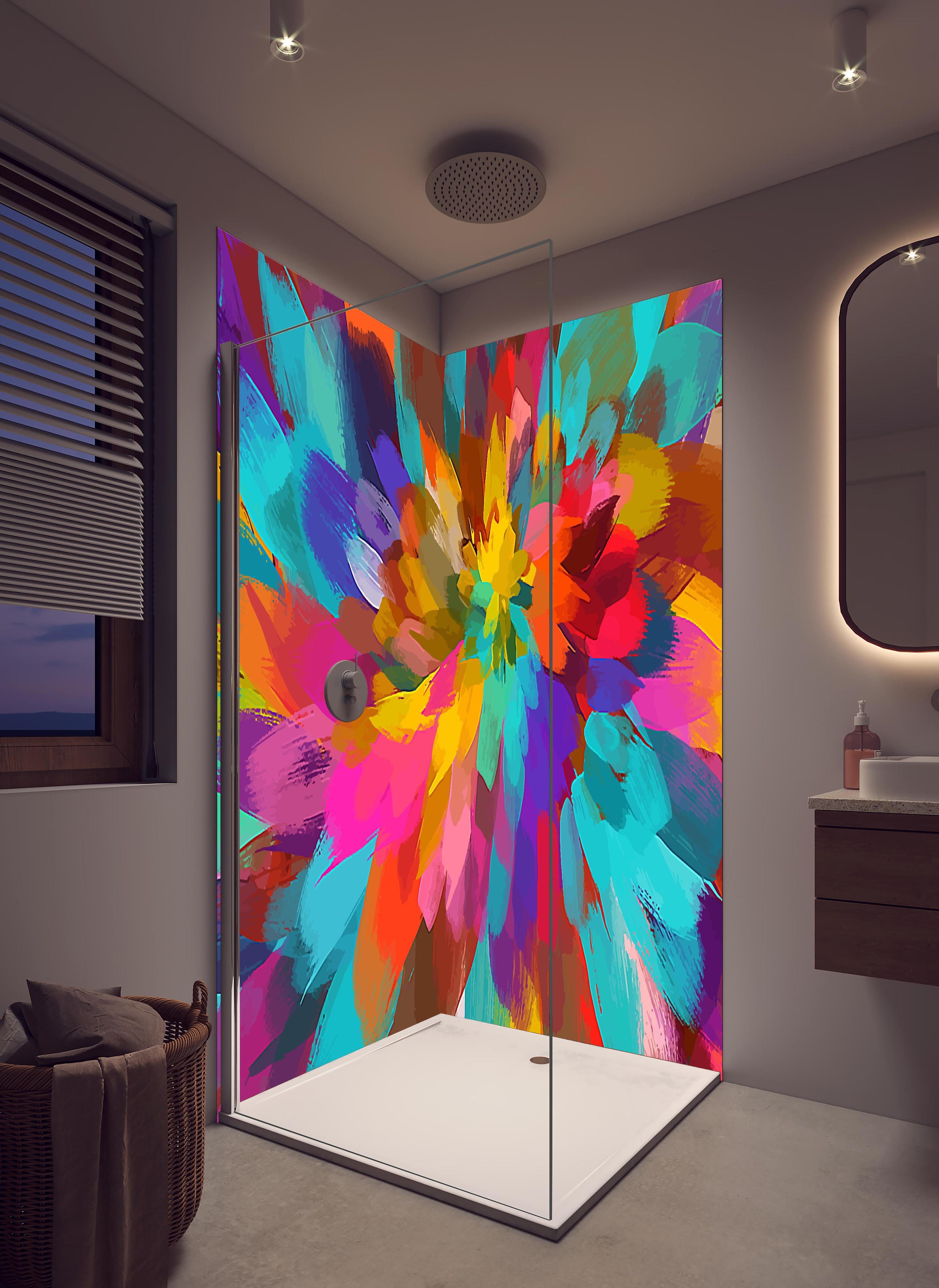 Duschrückwand - Farbenfrohes Abstrakt Blumenkunstwerk in hellem Badezimmer mit Regenduschkopf - zweiteilige Eck-Duschrückwand