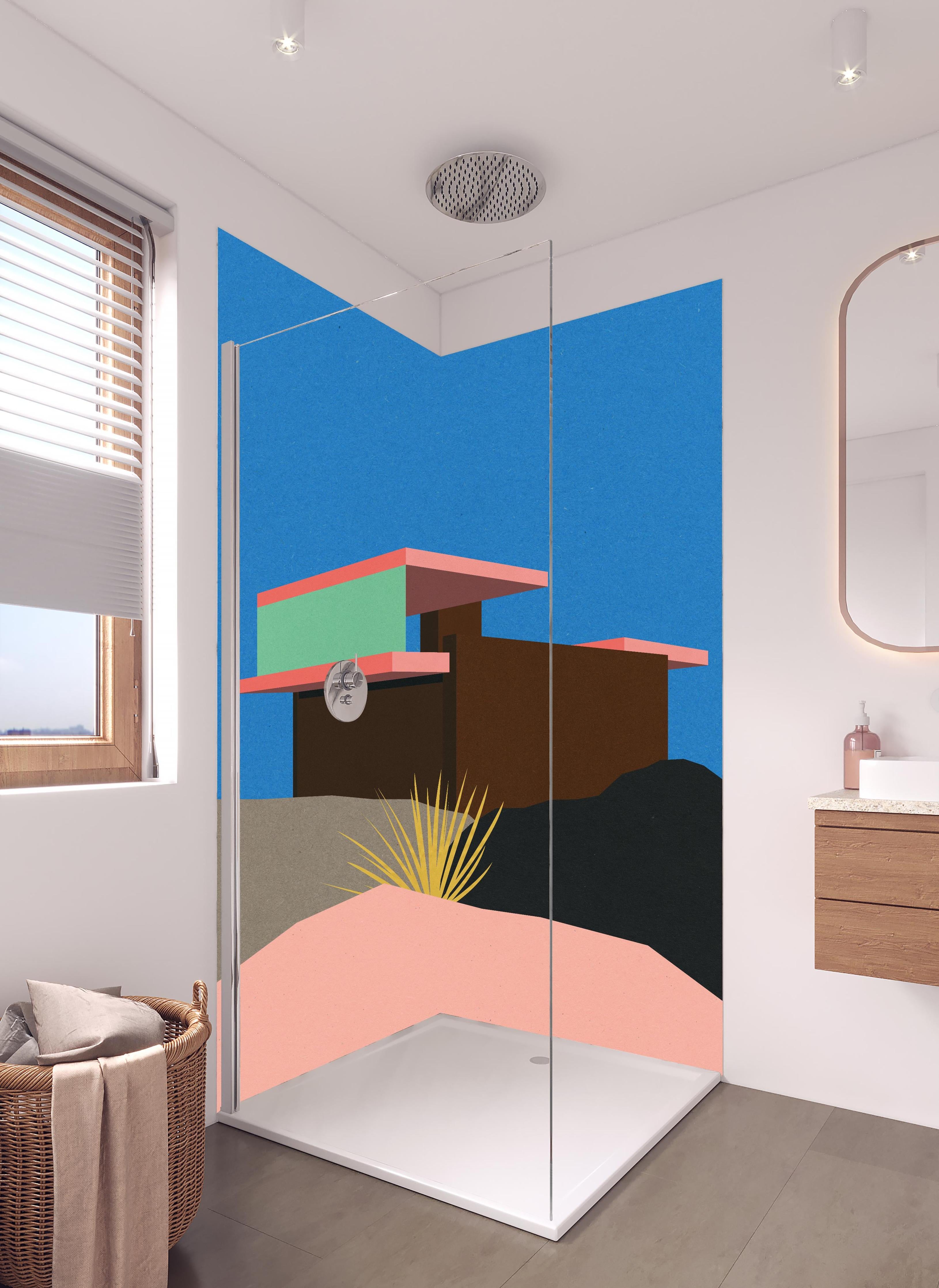 Duschrückwand - Farbenfrohes Bauhaus Architektur Wüstenhaus Kunst in hellem Badezimmer mit Regenduschkopf - zweiteilige Eck-Duschrückwand
