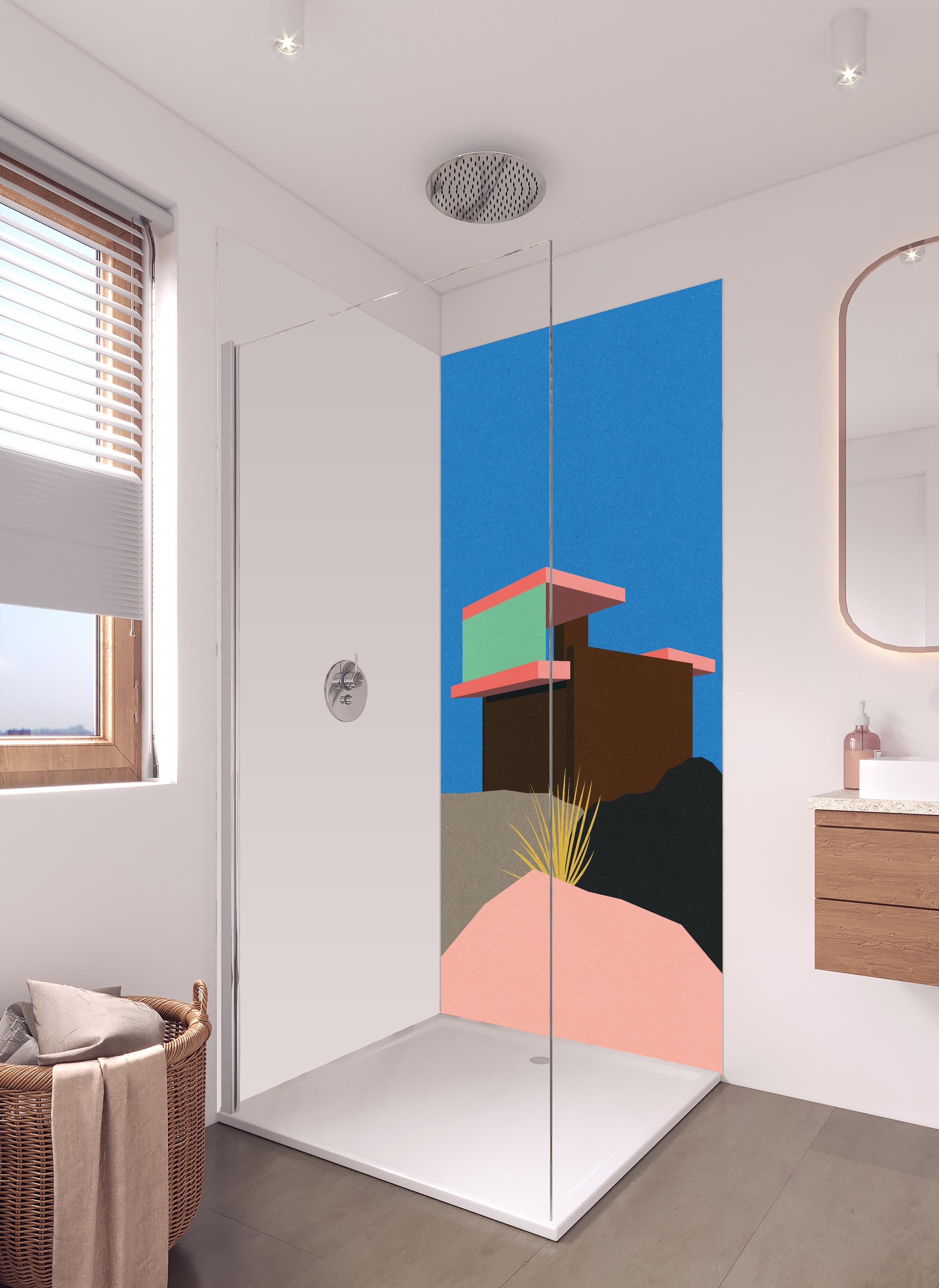 Duschrückwand - Farbenfrohes Bauhaus Architektur Wüstenhaus Kunst in hellem Badezimmer mit Regenduschkopf - zweiteilige Eck-Duschrückwand