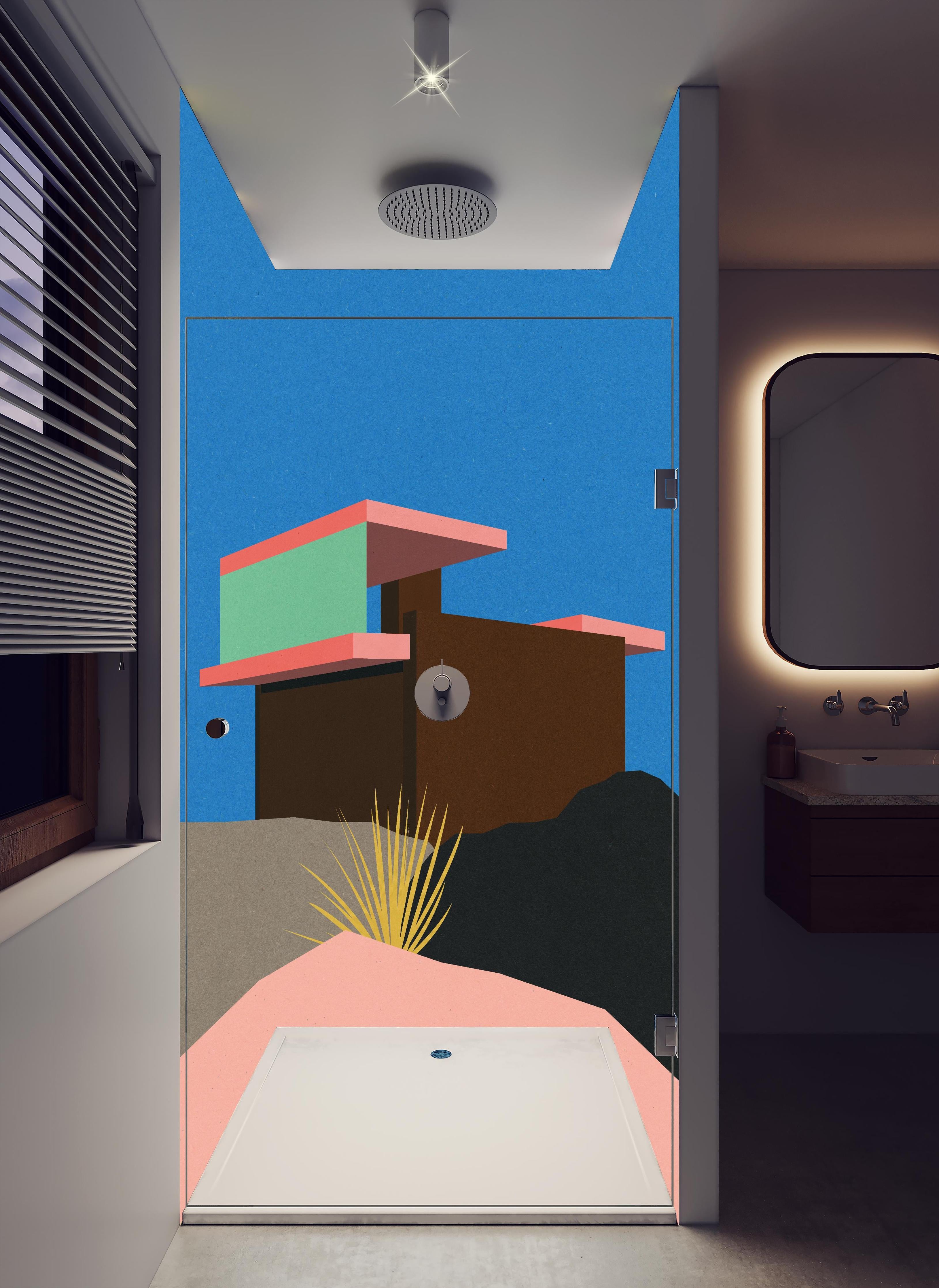 Duschrückwand - Farbenfrohes Bauhaus Architektur Wüstenhaus Kunst in hellem Badezimmer mit Regenduschkopf - zweiteilige Eck-Duschrückwand