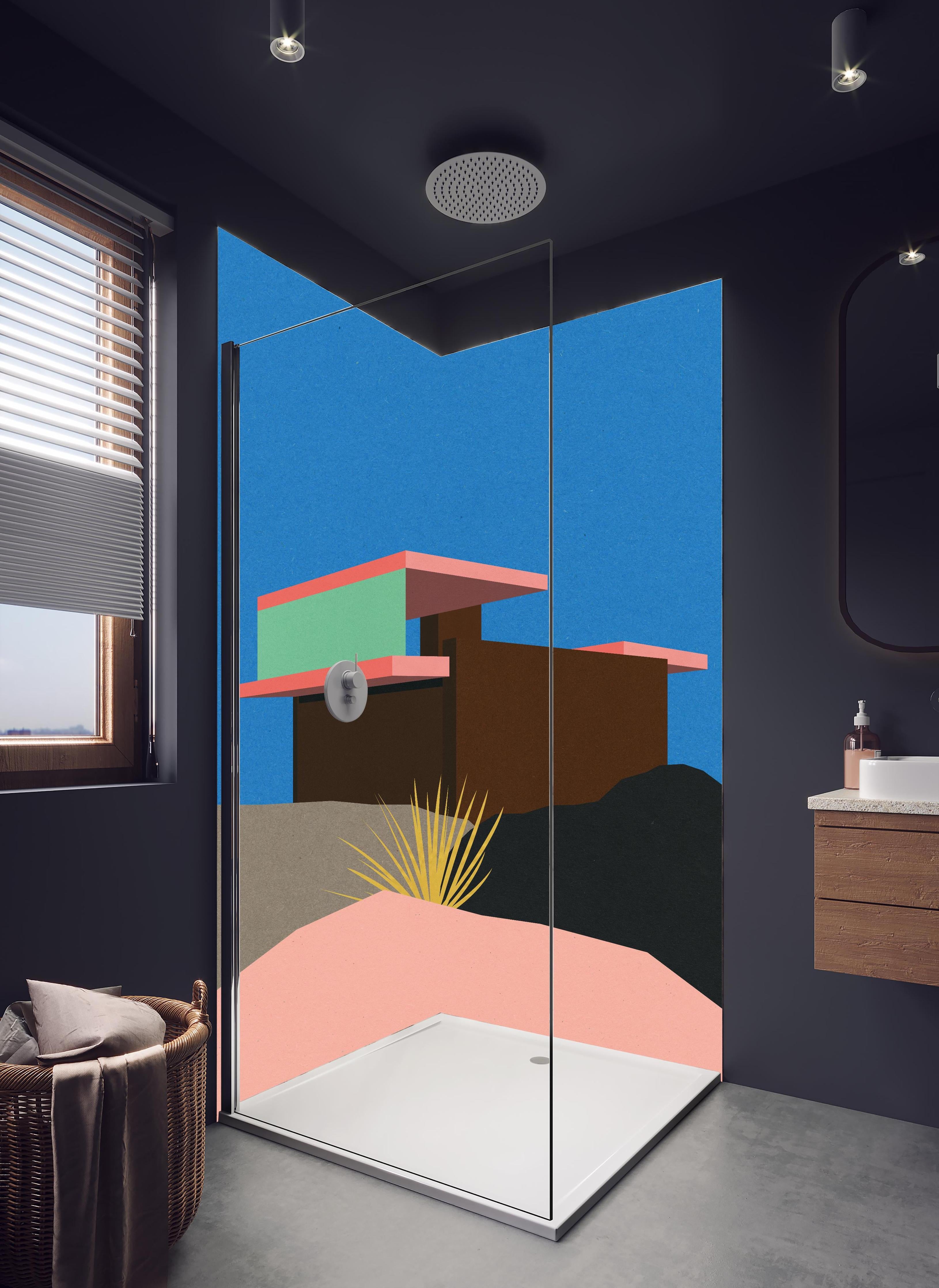 Duschrückwand - Farbenfrohes Bauhaus Architektur Wüstenhaus Kunst in hellem Badezimmer mit Regenduschkopf - zweiteilige Eck-Duschrückwand