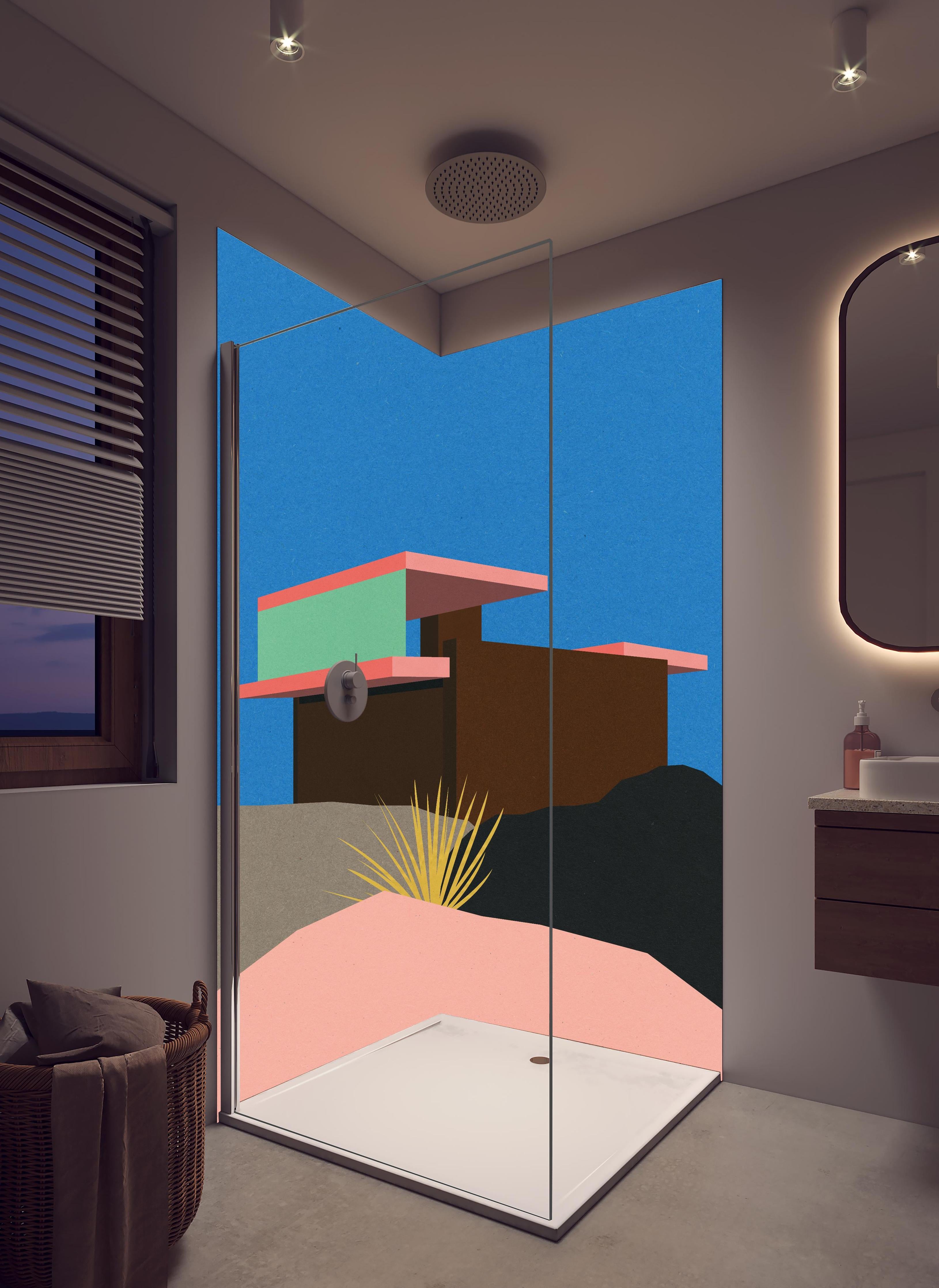 Duschrückwand - Farbenfrohes Bauhaus Architektur Wüstenhaus Kunst in hellem Badezimmer mit Regenduschkopf - zweiteilige Eck-Duschrückwand