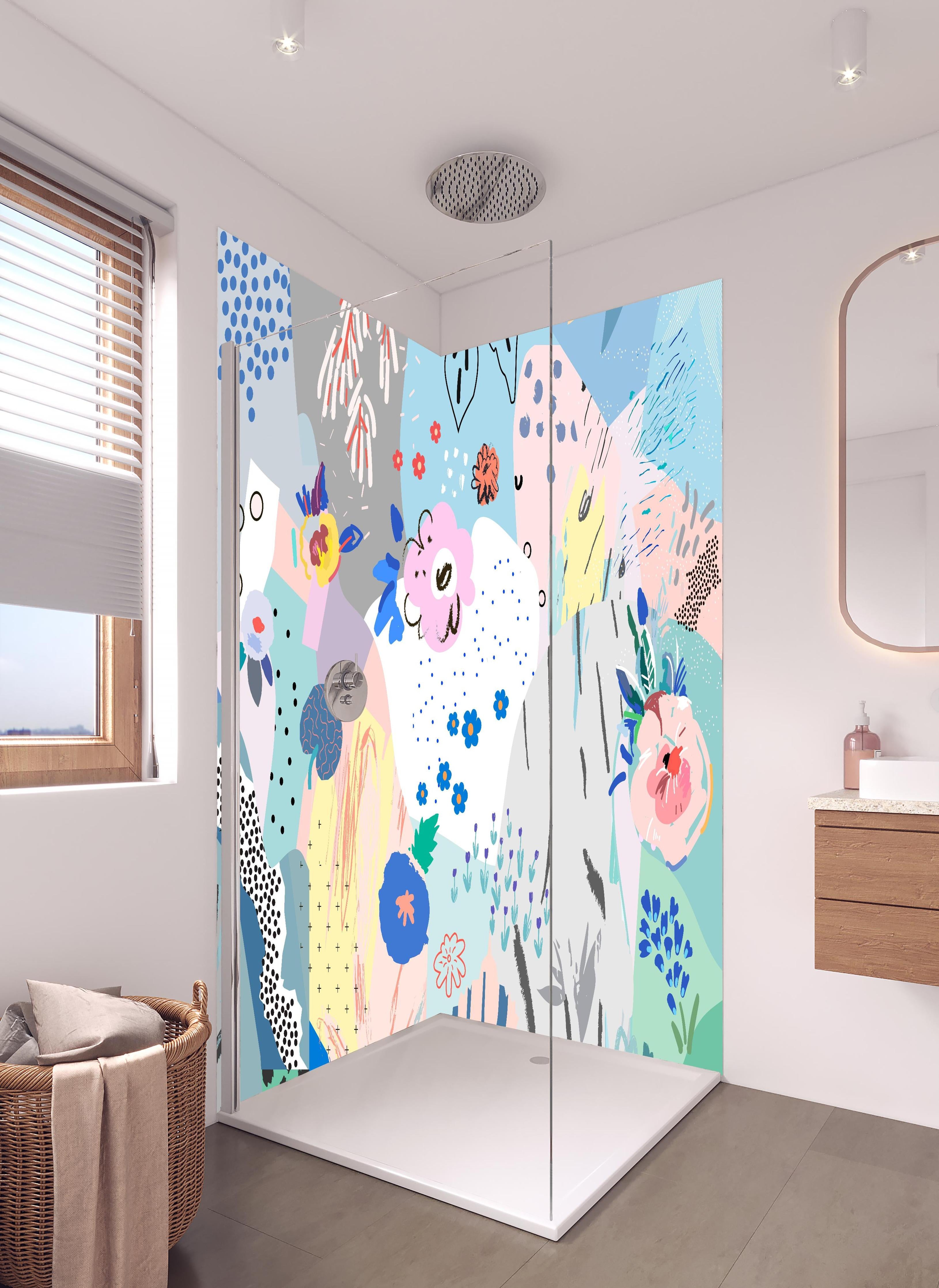Duschrückwand - Farbenfrohes Blumenmuster in Abstrakter Kunst in hellem Badezimmer mit Regenduschkopf - zweiteilige Eck-Duschrückwand
