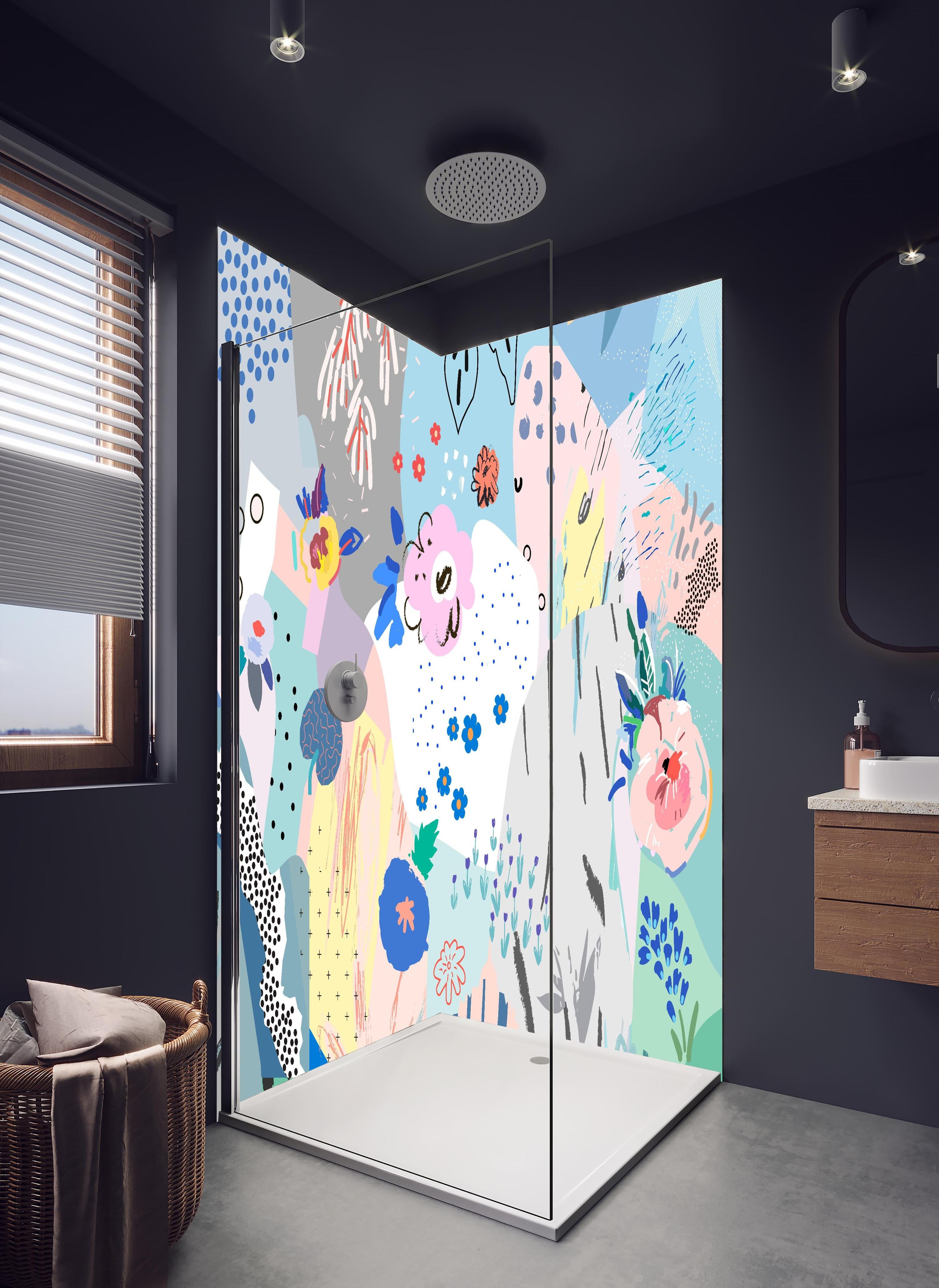 Duschrückwand - Farbenfrohes Blumenmuster in Abstrakter Kunst in hellem Badezimmer mit Regenduschkopf - zweiteilige Eck-Duschrückwand