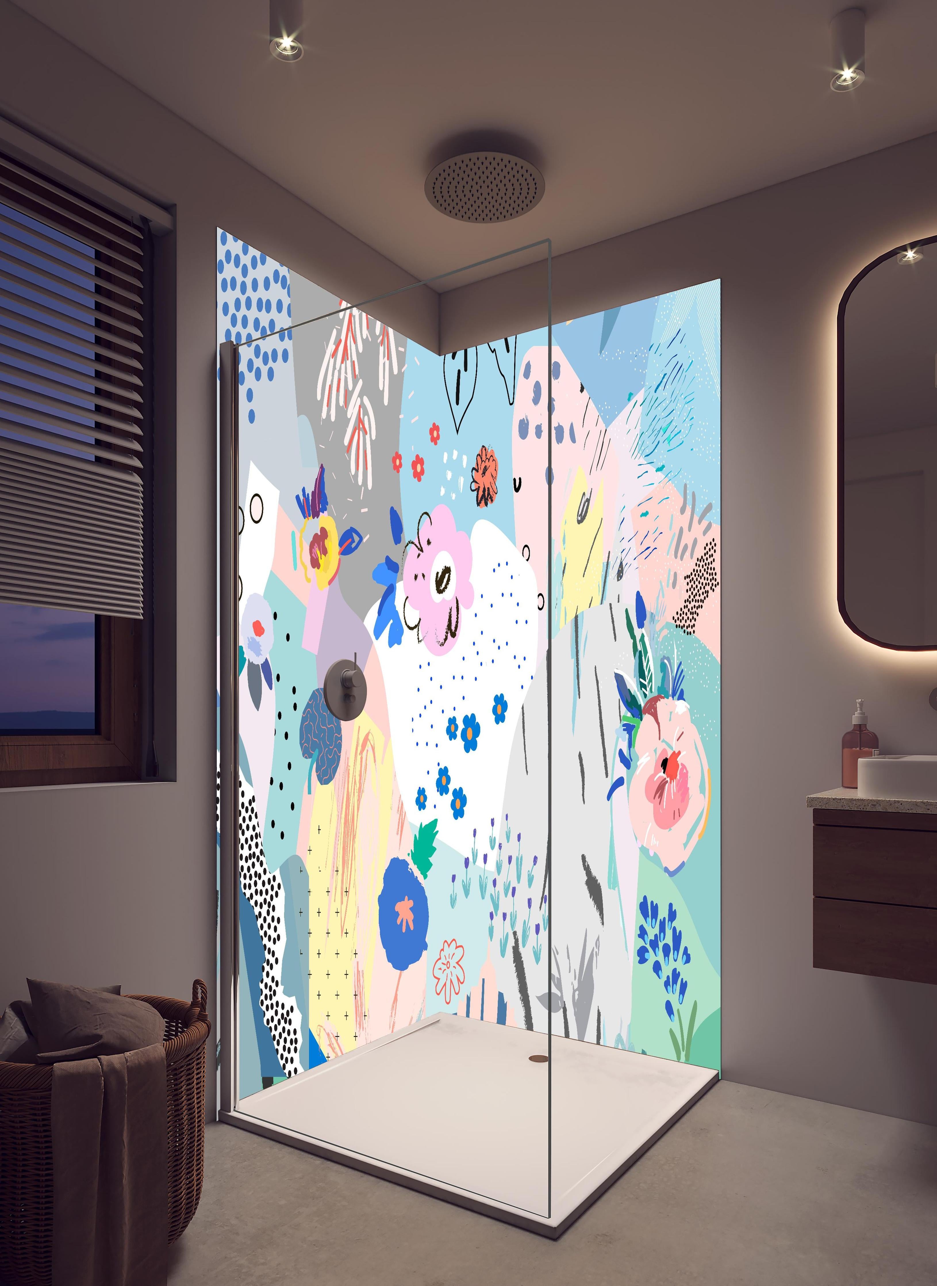 Duschrückwand - Farbenfrohes Blumenmuster in Abstrakter Kunst in hellem Badezimmer mit Regenduschkopf - zweiteilige Eck-Duschrückwand
