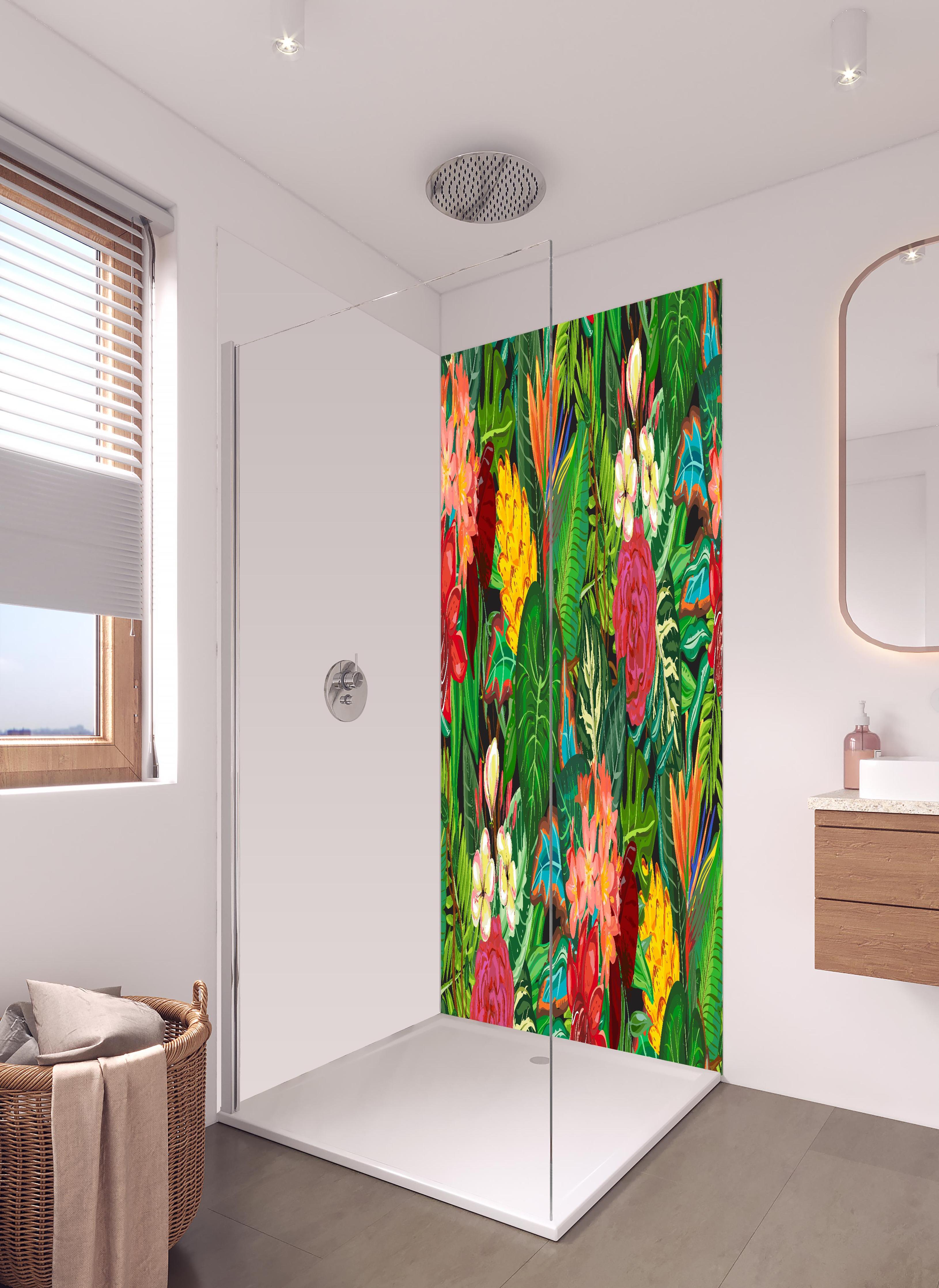 Duschrückwand - Farbenfrohes Dschungelmotiv Blumen und Blätter in hellem Badezimmer mit Regenduschkopf - zweiteilige Eck-Duschrückwand