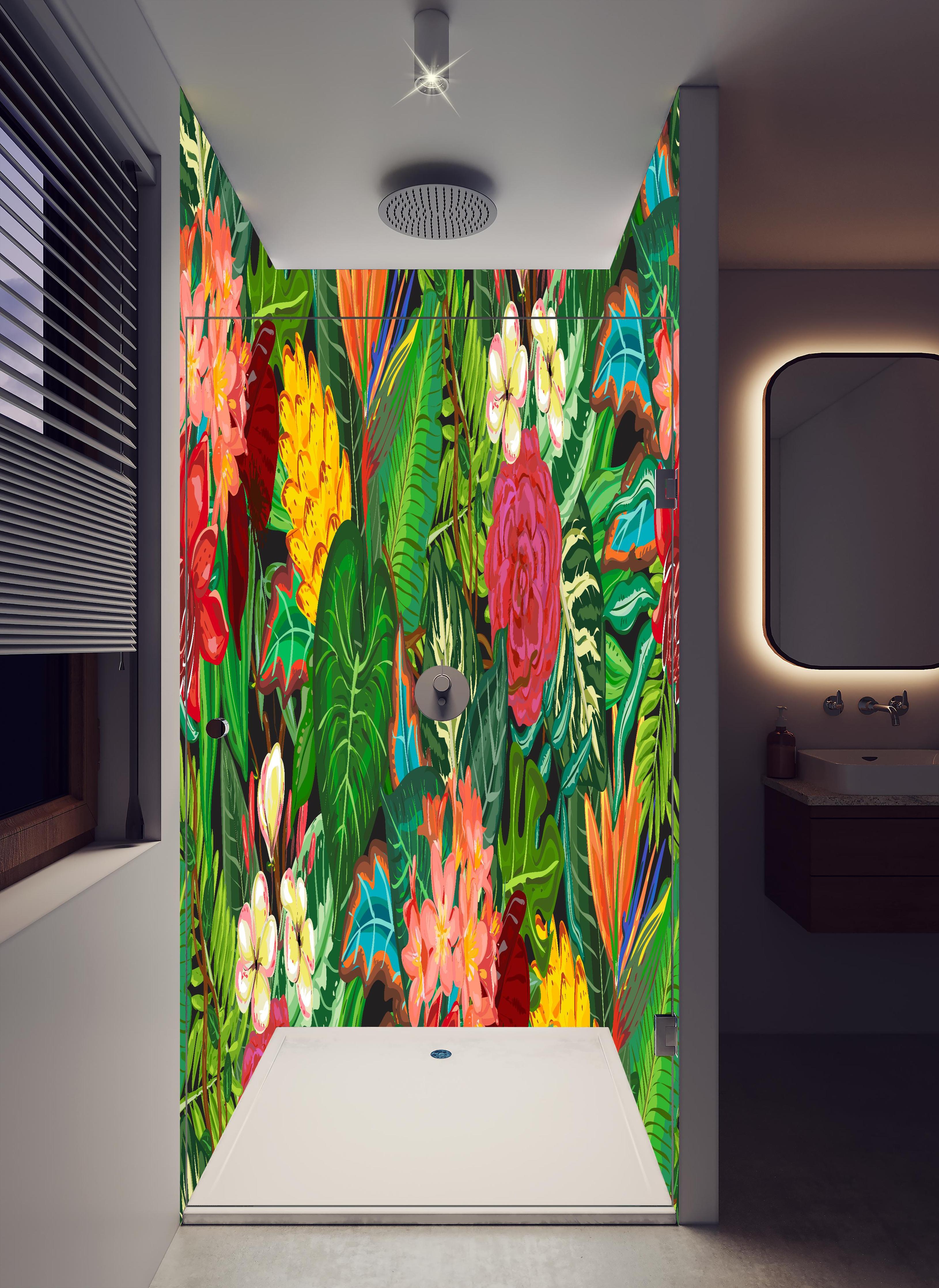 Duschrückwand - Farbenfrohes Dschungelmotiv Blumen und Blätter in hellem Badezimmer mit Regenduschkopf - zweiteilige Eck-Duschrückwand
