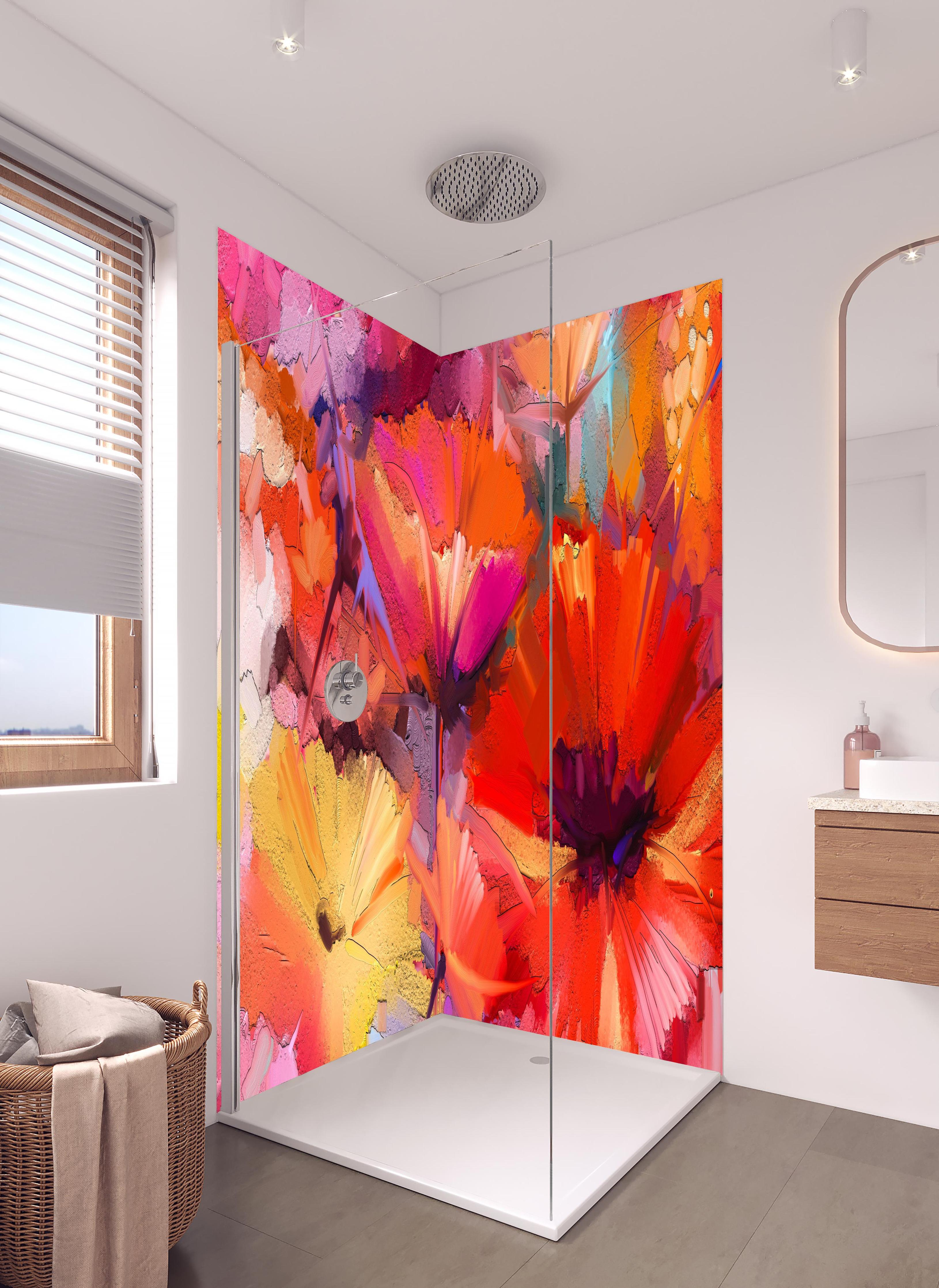 Duschrückwand - Farbenfrohes Gemälde von Frühlingsblumen in hellem Badezimmer mit Regenduschkopf - zweiteilige Eck-Duschrückwand