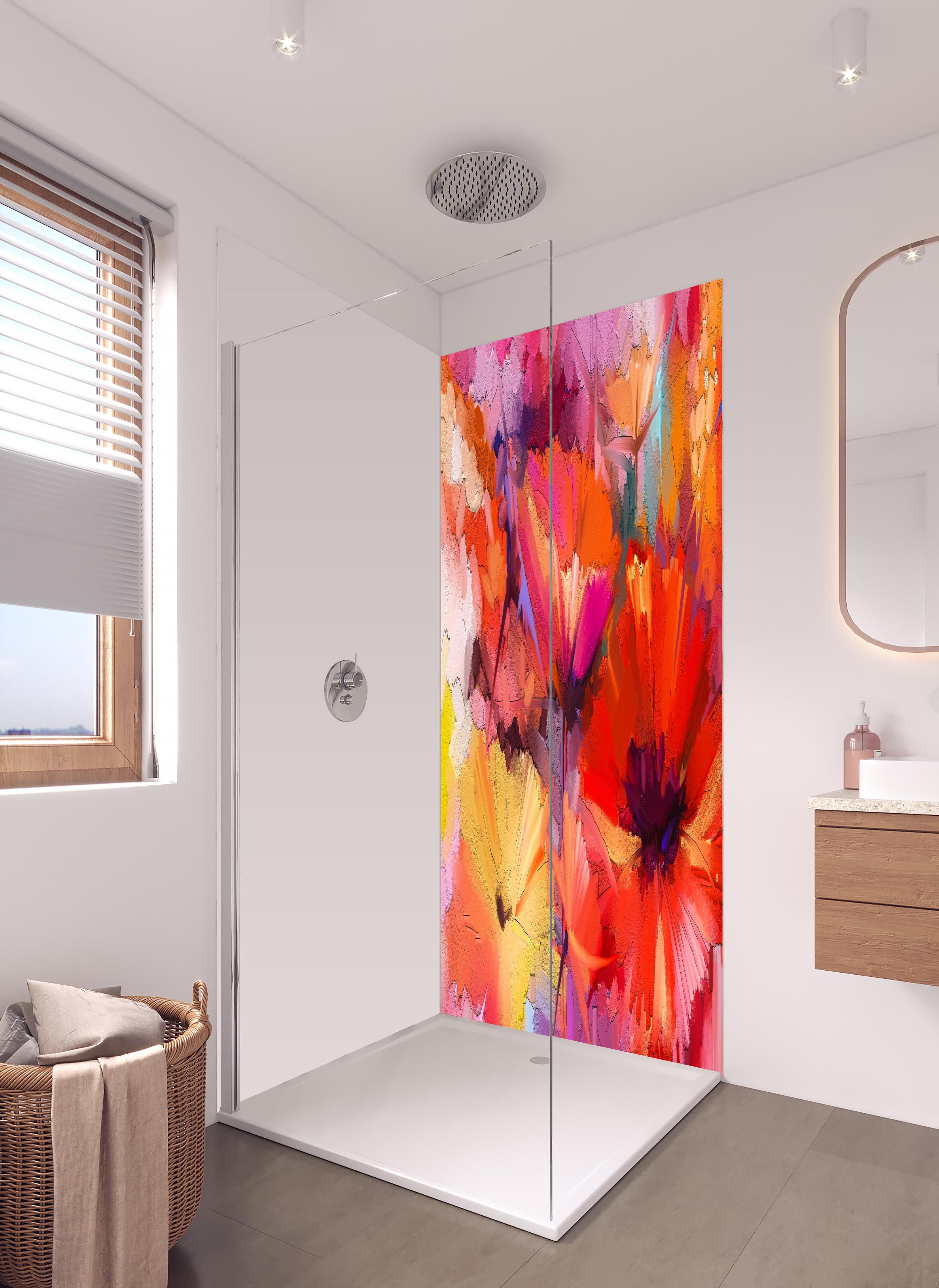 Duschrückwand - Farbenfrohes Gemälde von Frühlingsblumen in hellem Badezimmer mit Regenduschkopf - zweiteilige Eck-Duschrückwand