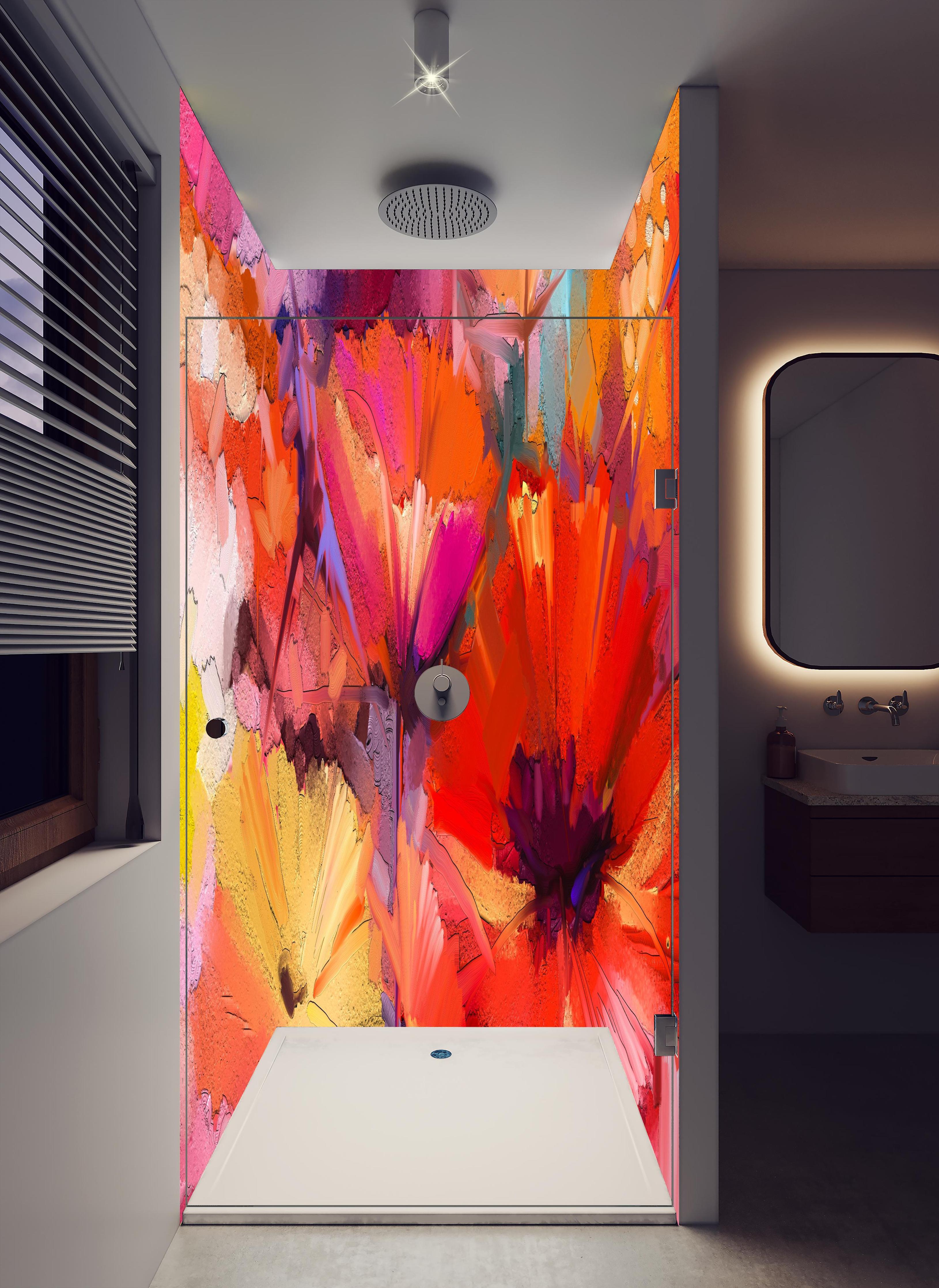 Duschrückwand - Farbenfrohes Gemälde von Frühlingsblumen in hellem Badezimmer mit Regenduschkopf - zweiteilige Eck-Duschrückwand