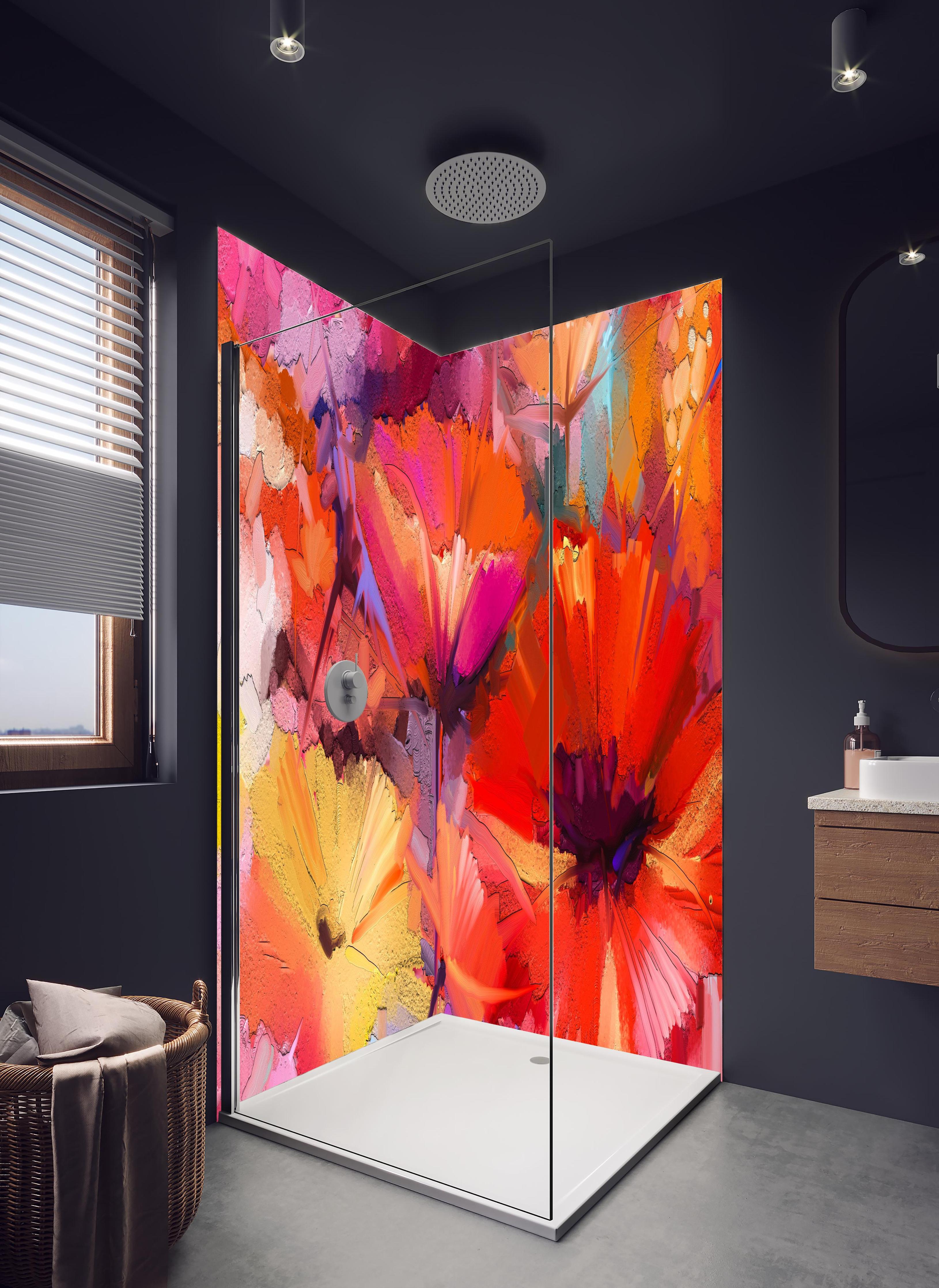 Duschrückwand - Farbenfrohes Gemälde von Frühlingsblumen in hellem Badezimmer mit Regenduschkopf - zweiteilige Eck-Duschrückwand