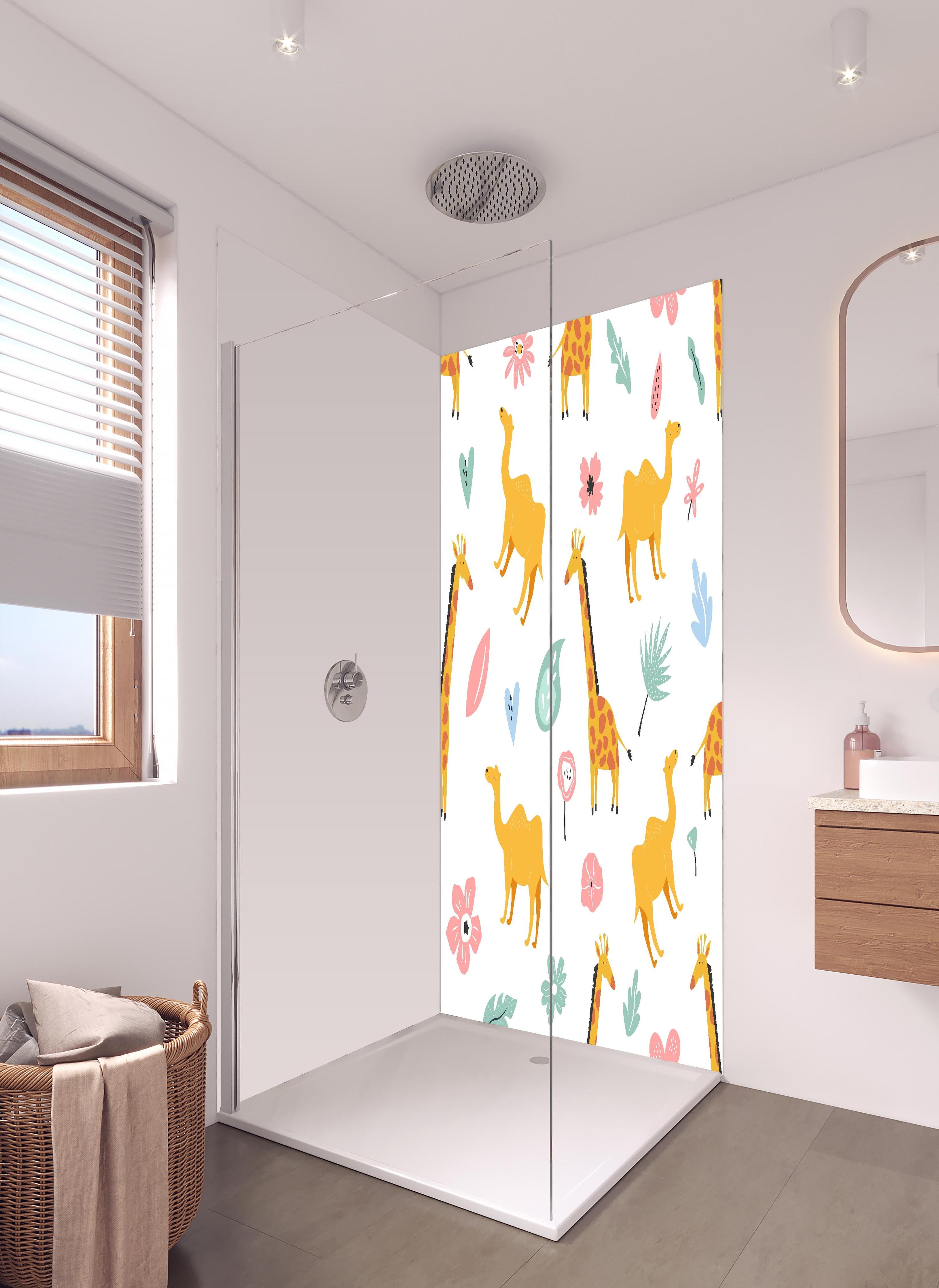Duschrückwand - Farbenfrohes Giraffen-und-Blumen Musterdesign in hellem Badezimmer mit Regenduschkopf - zweiteilige Eck-Duschrückwand