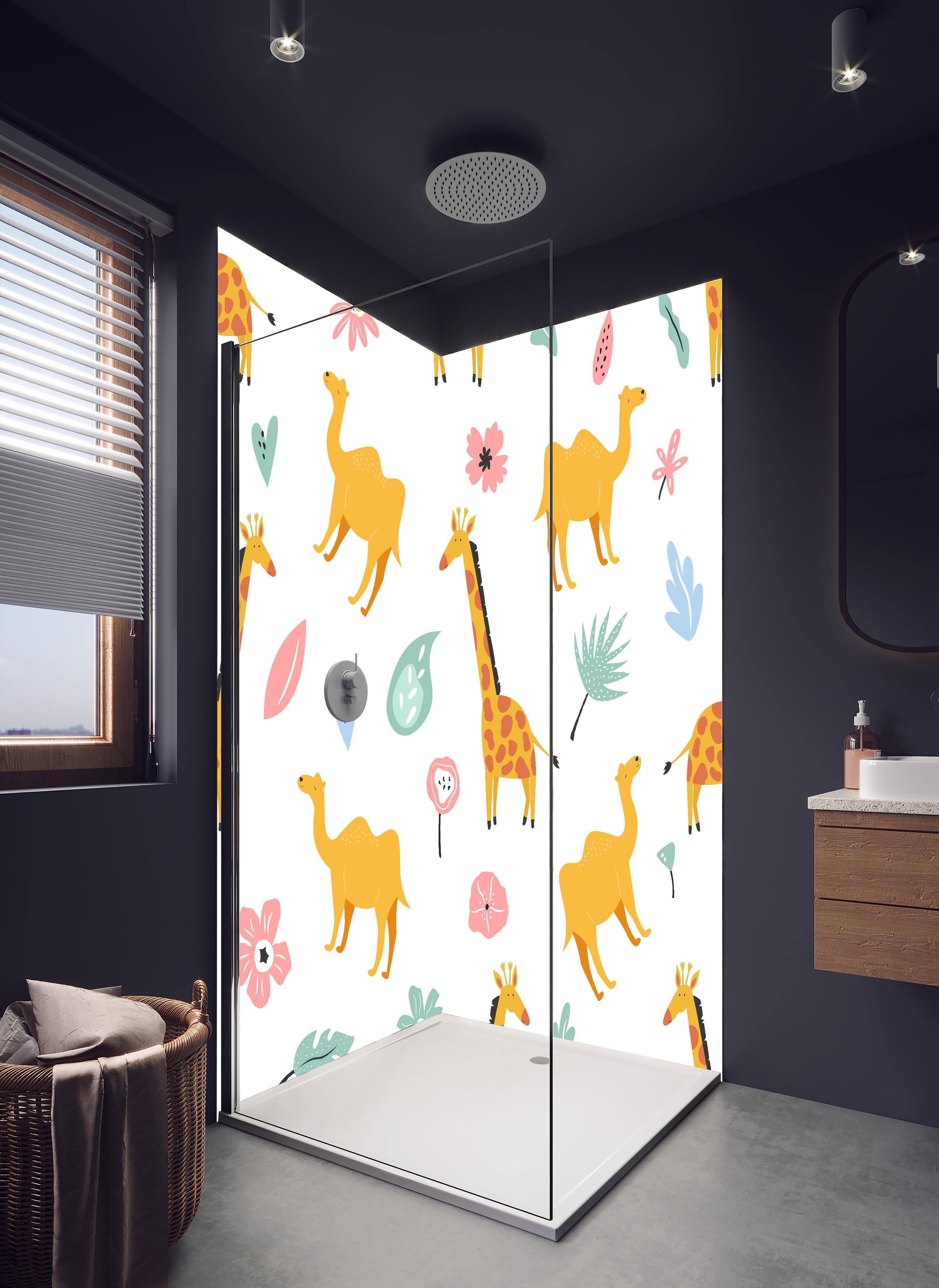 Duschrückwand - Farbenfrohes Giraffen-und-Blumen Musterdesign in hellem Badezimmer mit Regenduschkopf - zweiteilige Eck-Duschrückwand