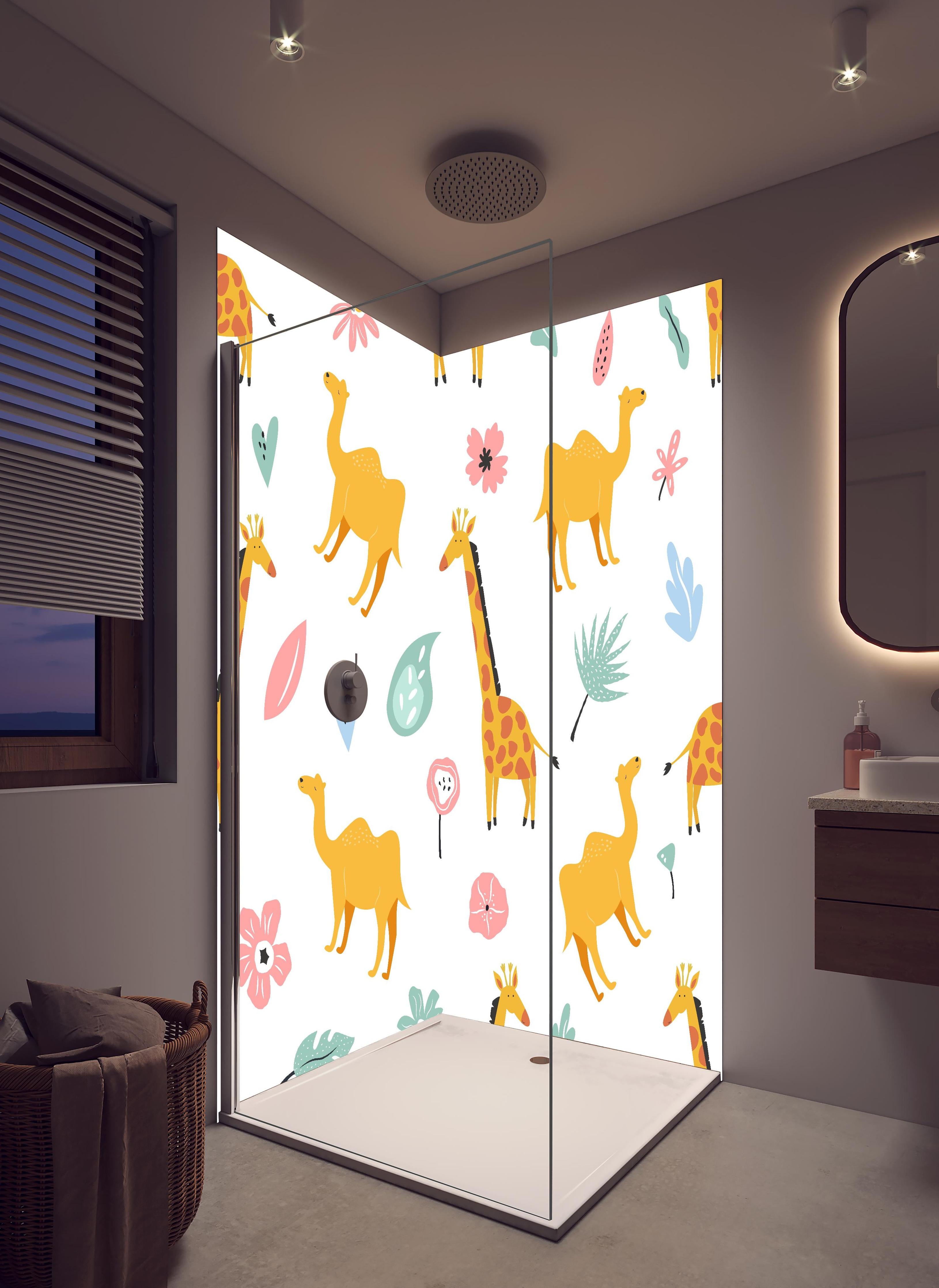 Duschrückwand - Farbenfrohes Giraffen-und-Blumen Musterdesign in hellem Badezimmer mit Regenduschkopf - zweiteilige Eck-Duschrückwand