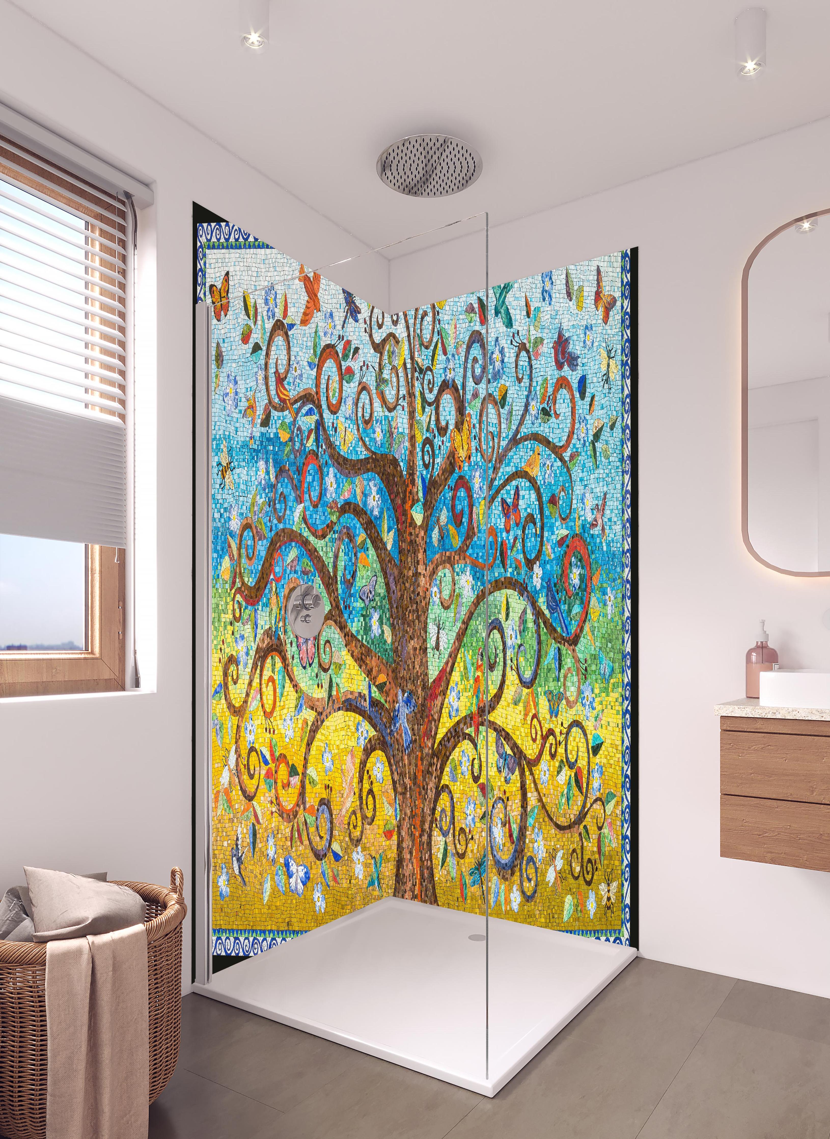 Duschrückwand - Farbenfrohes Mosaik Kunst Baum Motiv in hellem Badezimmer mit Regenduschkopf - zweiteilige Eck-Duschrückwand