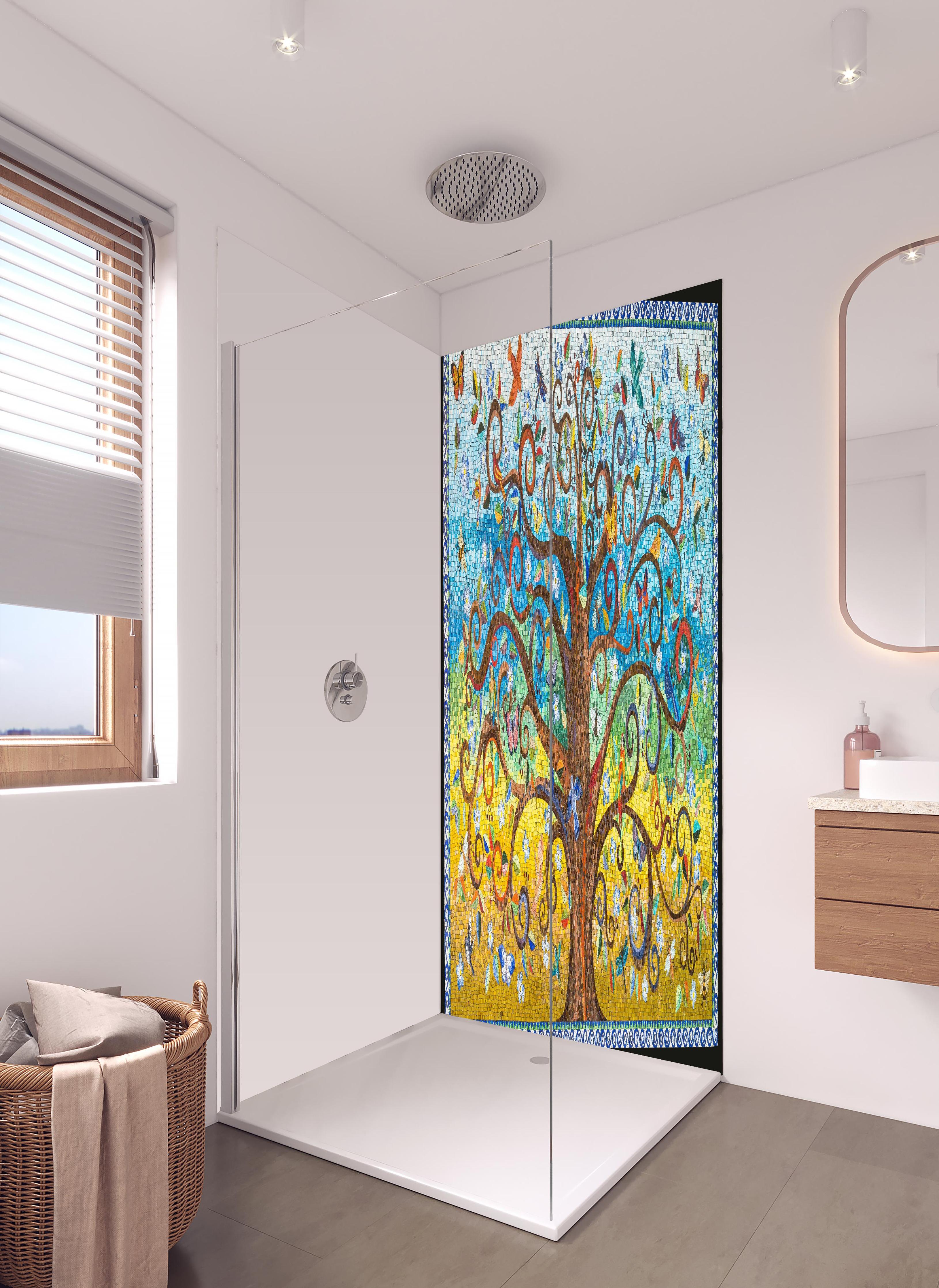 Duschrückwand - Farbenfrohes Mosaik Kunst Baum Motiv in hellem Badezimmer mit Regenduschkopf - zweiteilige Eck-Duschrückwand