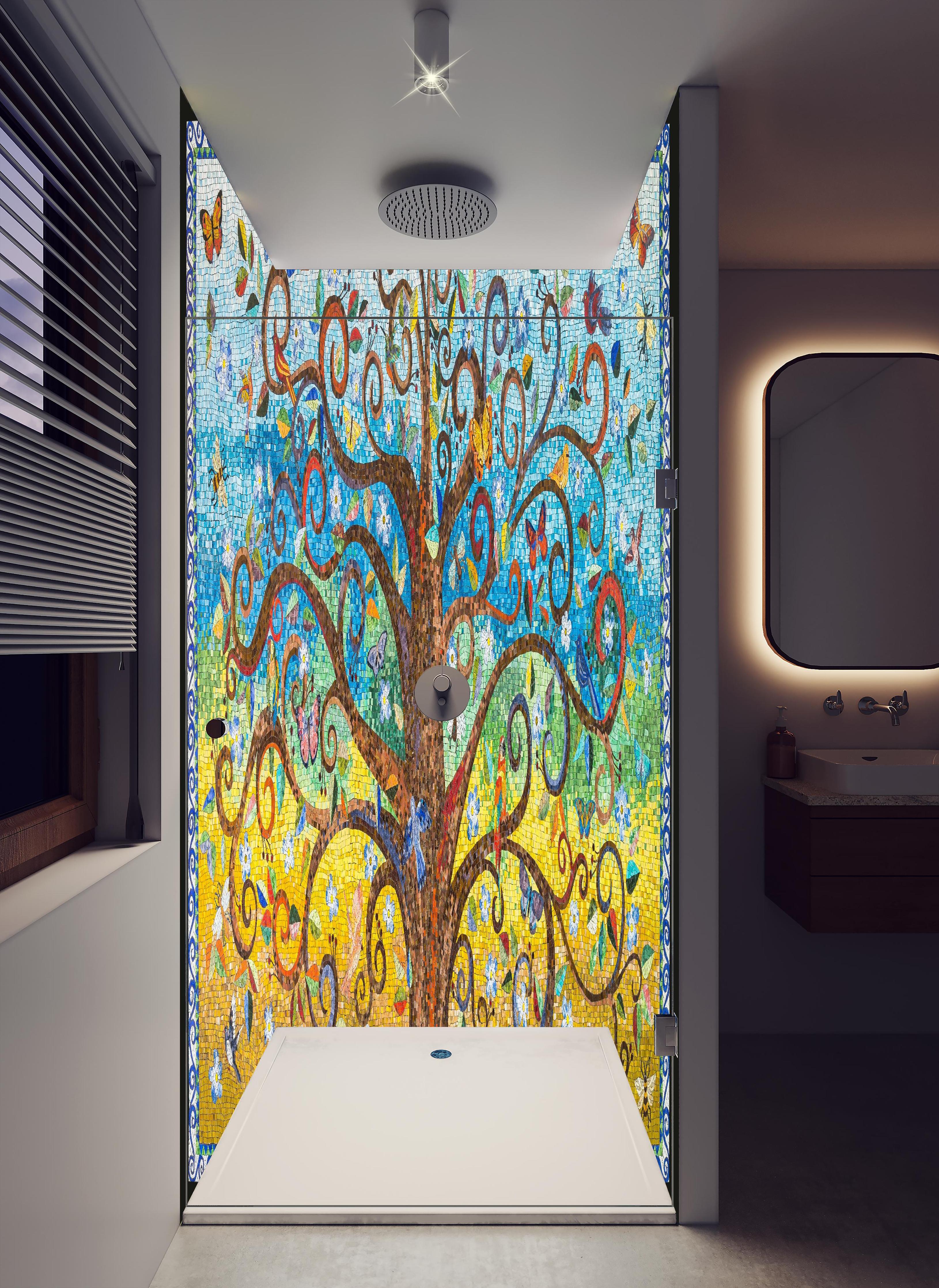 Duschrückwand - Farbenfrohes Mosaik Kunst Baum Motiv in hellem Badezimmer mit Regenduschkopf - zweiteilige Eck-Duschrückwand