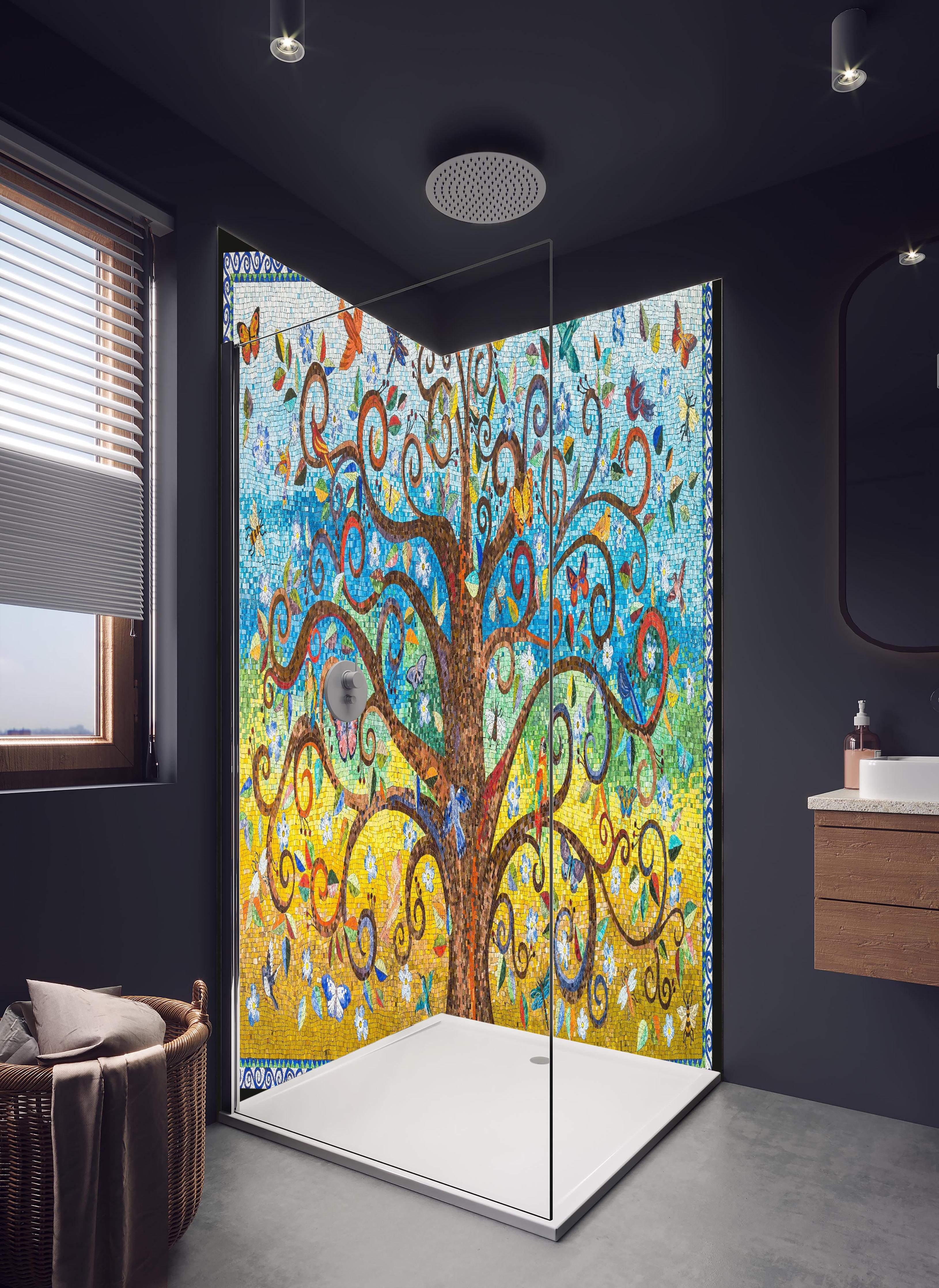 Duschrückwand - Farbenfrohes Mosaik Kunst Baum Motiv in hellem Badezimmer mit Regenduschkopf - zweiteilige Eck-Duschrückwand