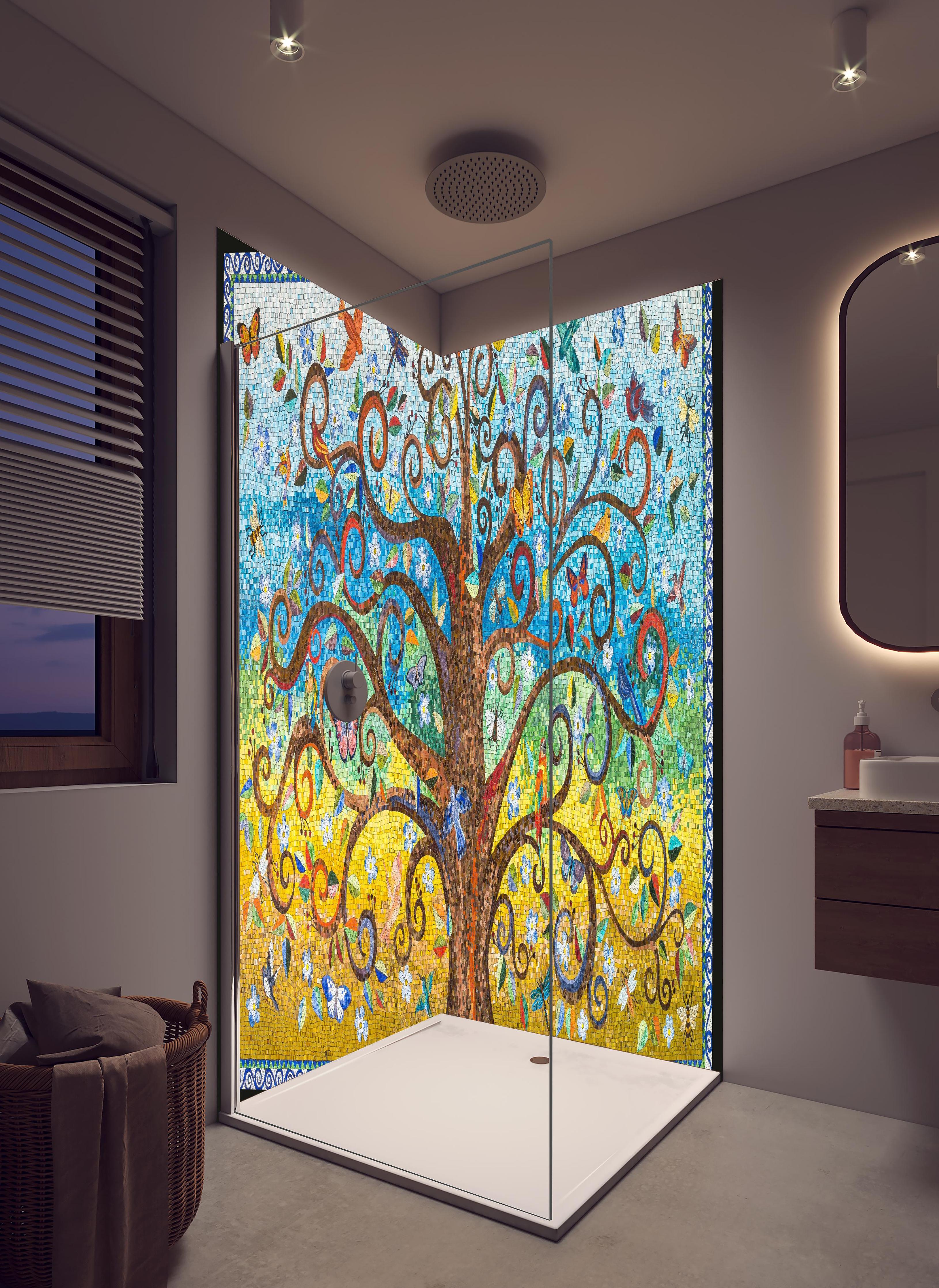 Duschrückwand - Farbenfrohes Mosaik Kunst Baum Motiv in hellem Badezimmer mit Regenduschkopf - zweiteilige Eck-Duschrückwand