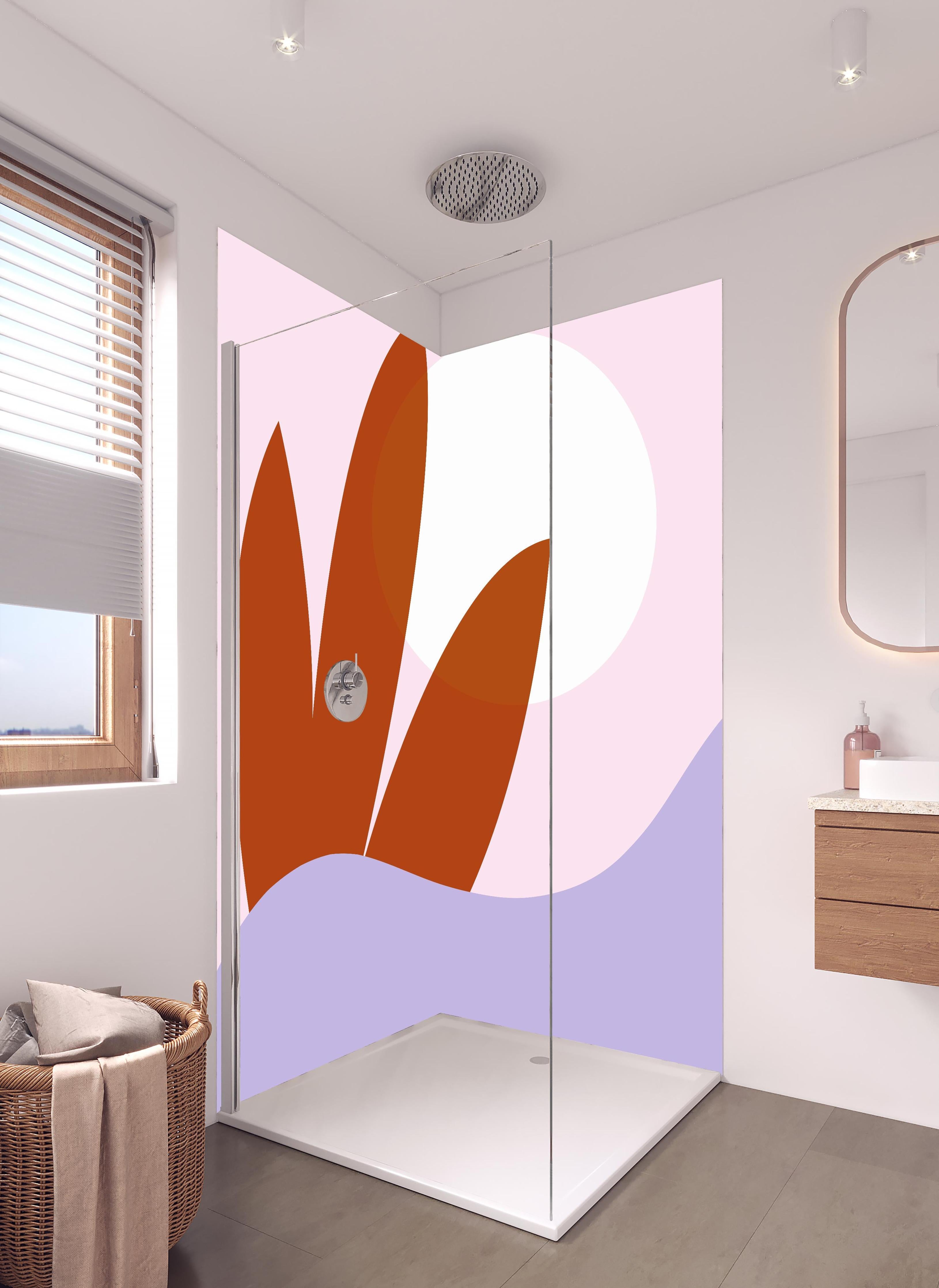 Duschrückwand - Farbenfrohes Sonnenaufgangs-Musterbild in hellem Badezimmer mit Regenduschkopf - zweiteilige Eck-Duschrückwand