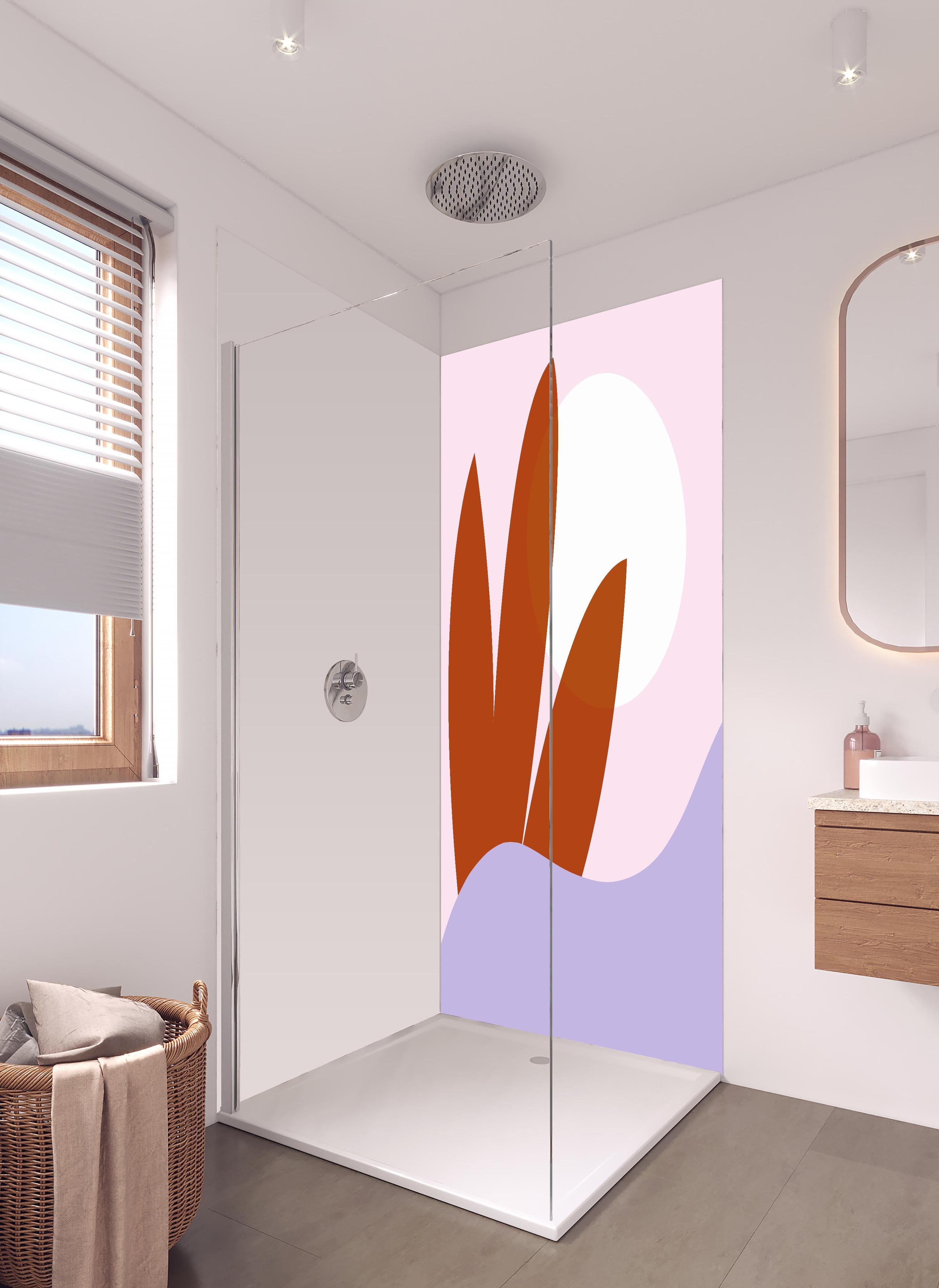 Duschrückwand - Farbenfrohes Sonnenaufgangs-Musterbild in hellem Badezimmer mit Regenduschkopf - zweiteilige Eck-Duschrückwand
