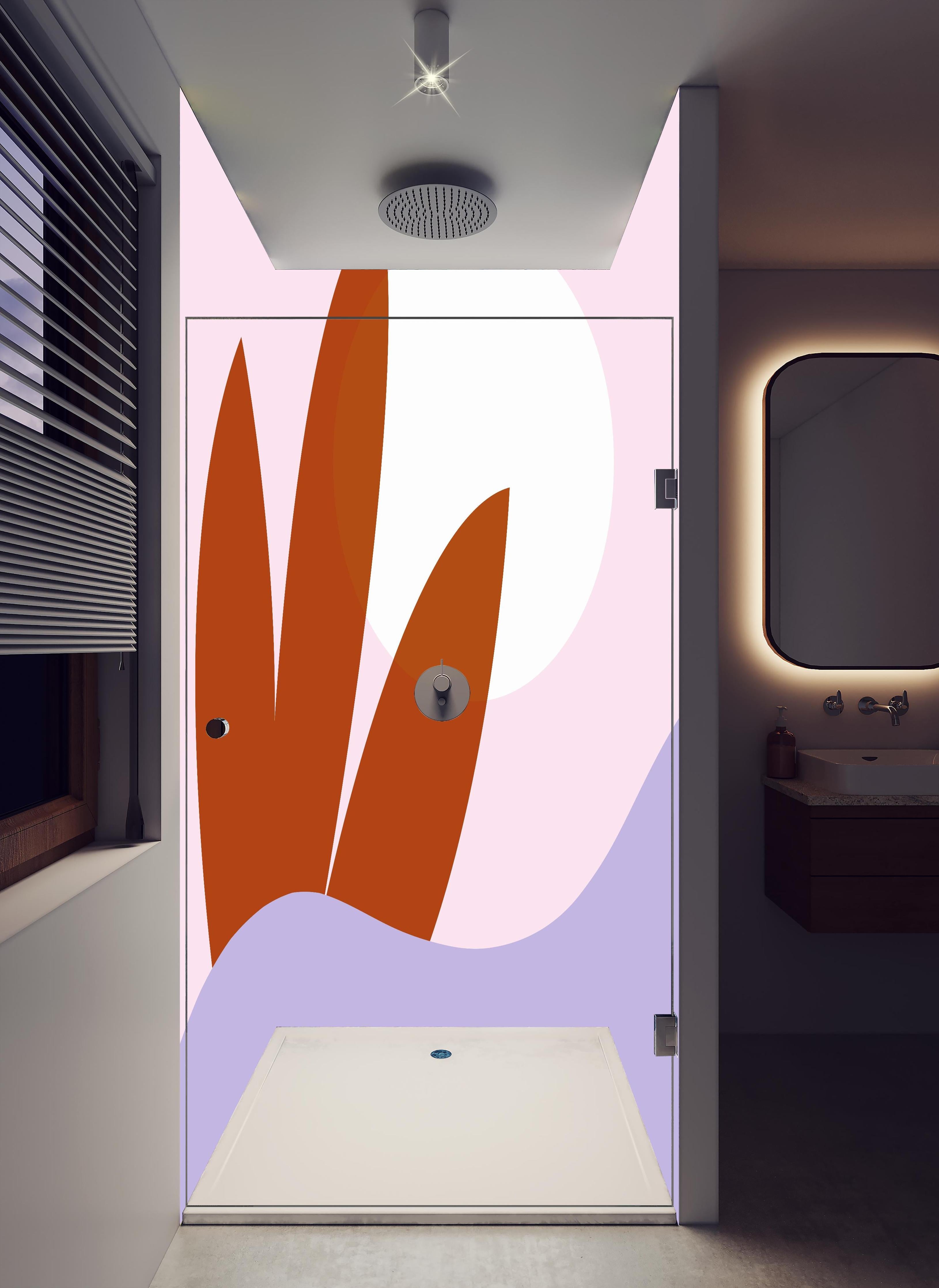 Duschrückwand - Farbenfrohes Sonnenaufgangs-Musterbild in hellem Badezimmer mit Regenduschkopf - zweiteilige Eck-Duschrückwand
