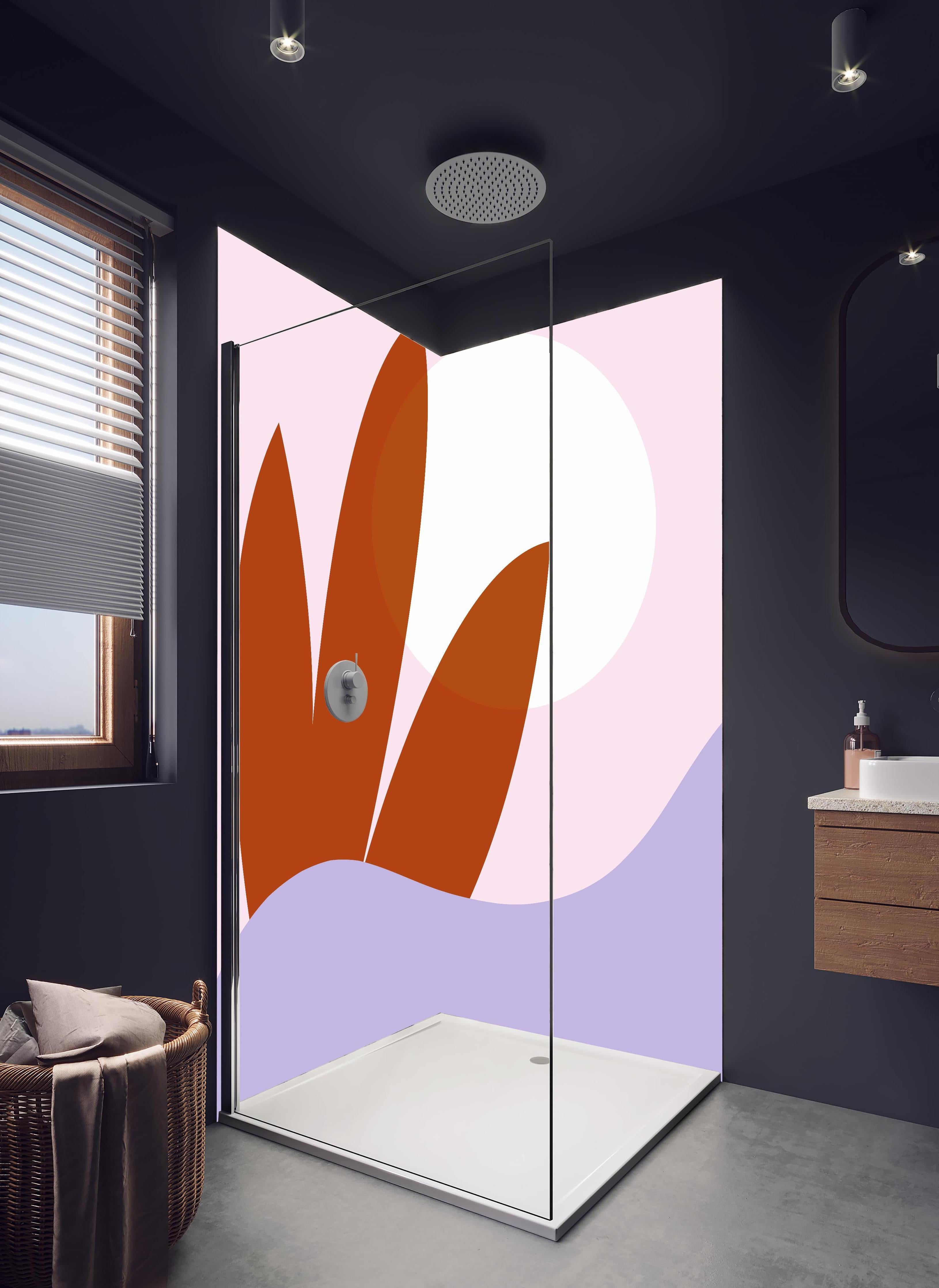 Duschrückwand - Farbenfrohes Sonnenaufgangs-Musterbild in hellem Badezimmer mit Regenduschkopf - zweiteilige Eck-Duschrückwand
