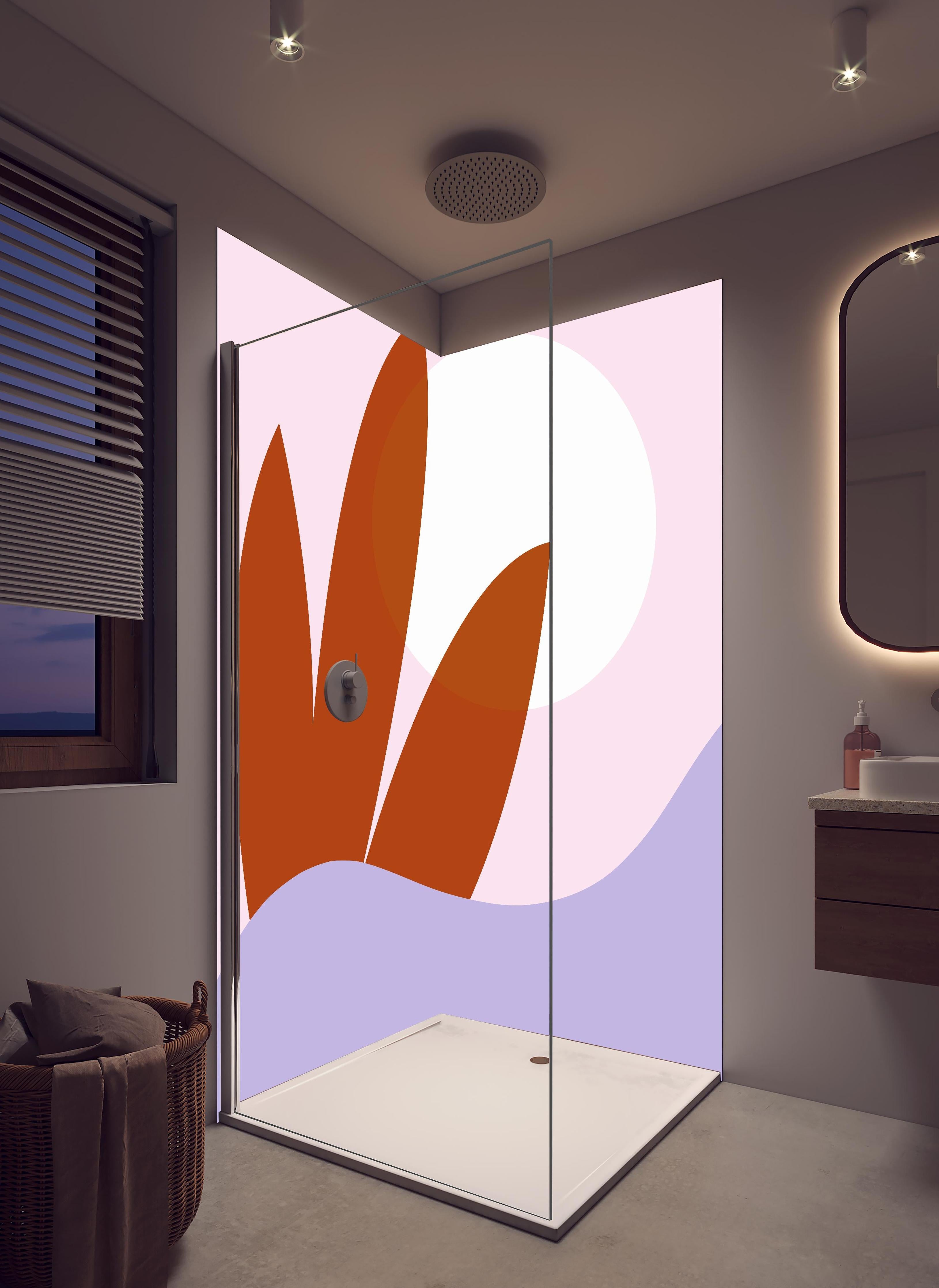 Duschrückwand - Farbenfrohes Sonnenaufgangs-Musterbild in hellem Badezimmer mit Regenduschkopf - zweiteilige Eck-Duschrückwand