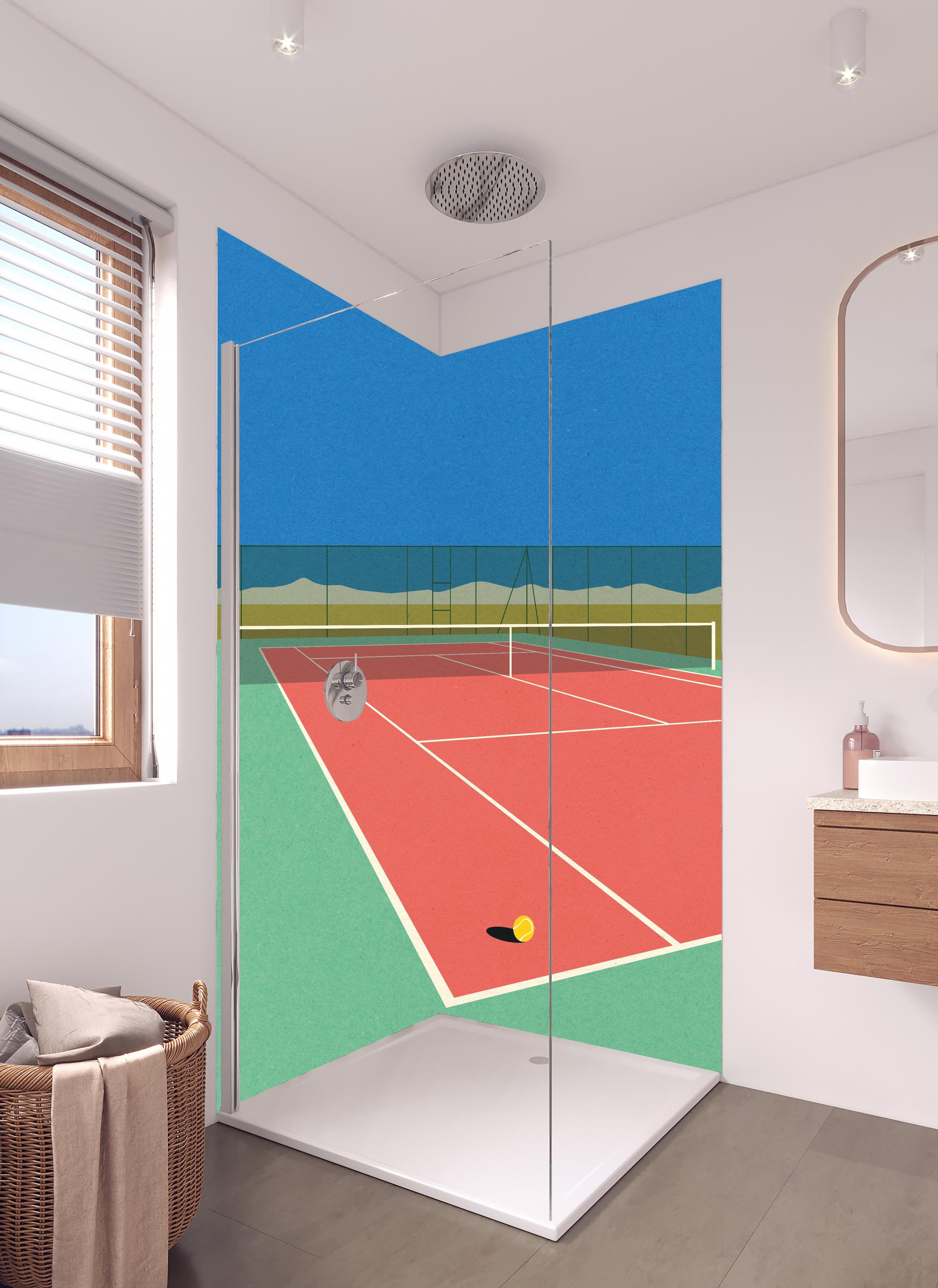 Duschrückwand - Farbenfrohes Tennisplatz Papierkunstwerk in Wüste in hellem Badezimmer mit Regenduschkopf - zweiteilige Eck-Duschrückwand