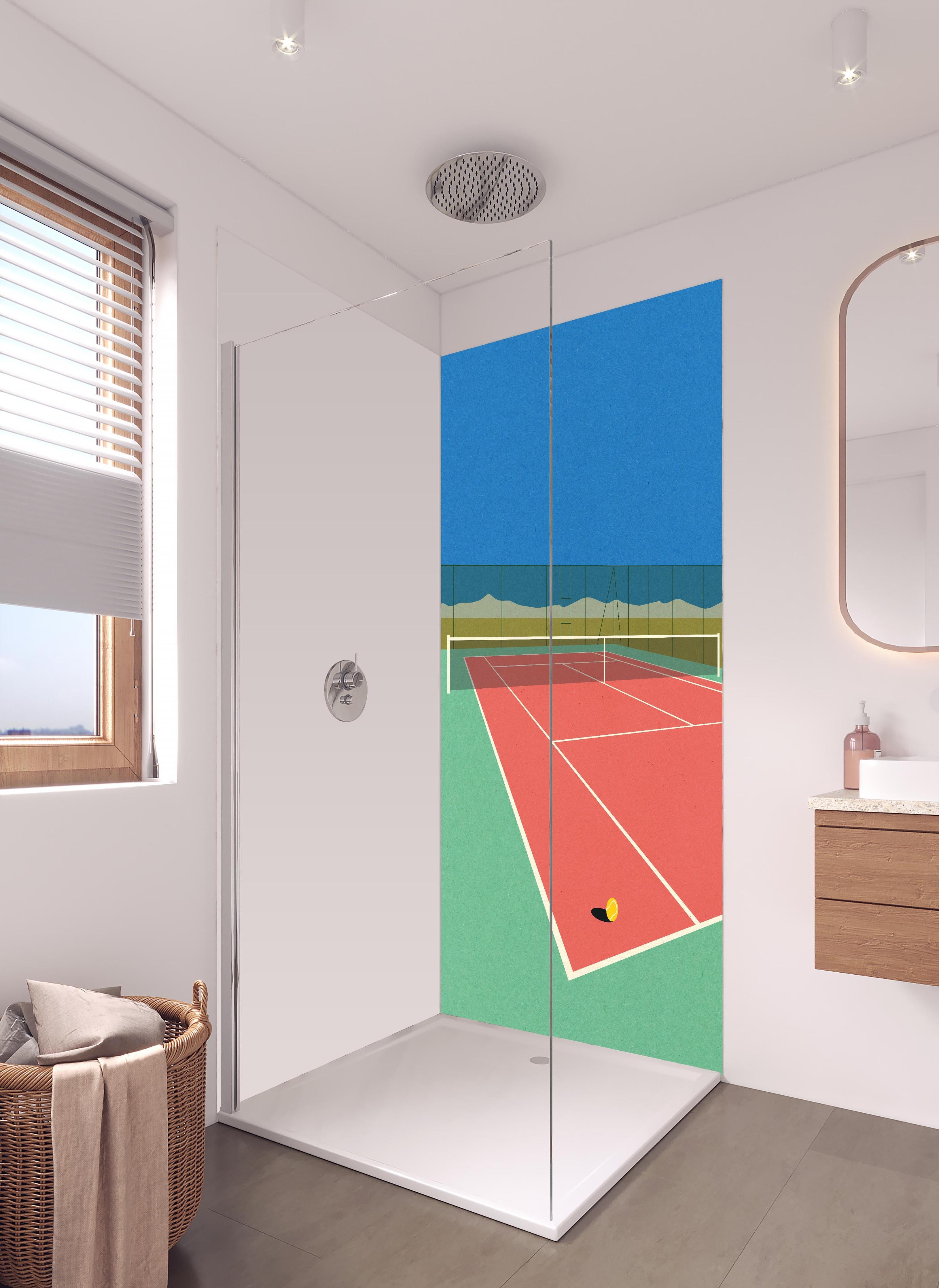 Duschrückwand - Farbenfrohes Tennisplatz Papierkunstwerk in Wüste in hellem Badezimmer mit Regenduschkopf - zweiteilige Eck-Duschrückwand