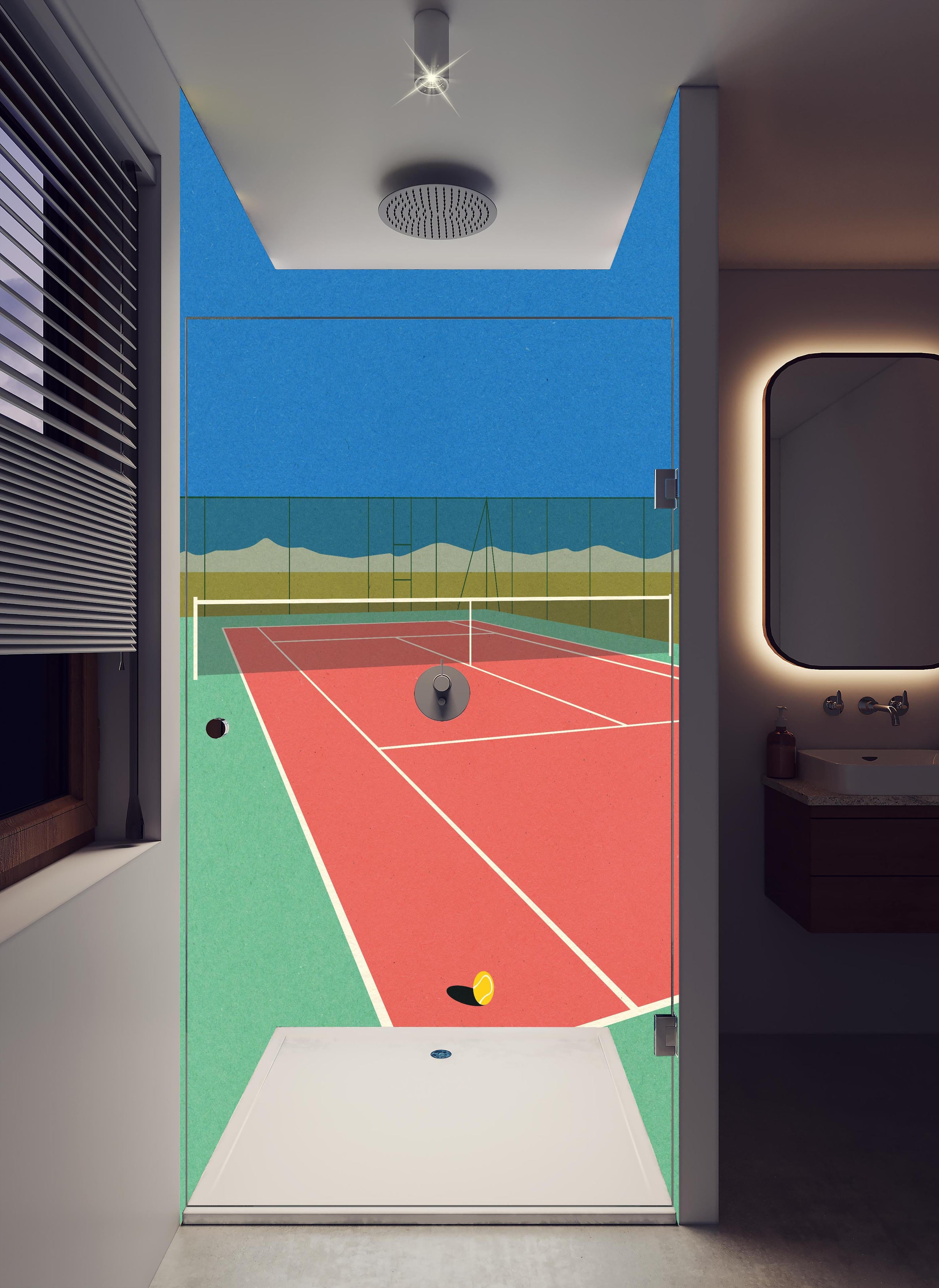 Duschrückwand - Farbenfrohes Tennisplatz Papierkunstwerk in Wüste in hellem Badezimmer mit Regenduschkopf - zweiteilige Eck-Duschrückwand