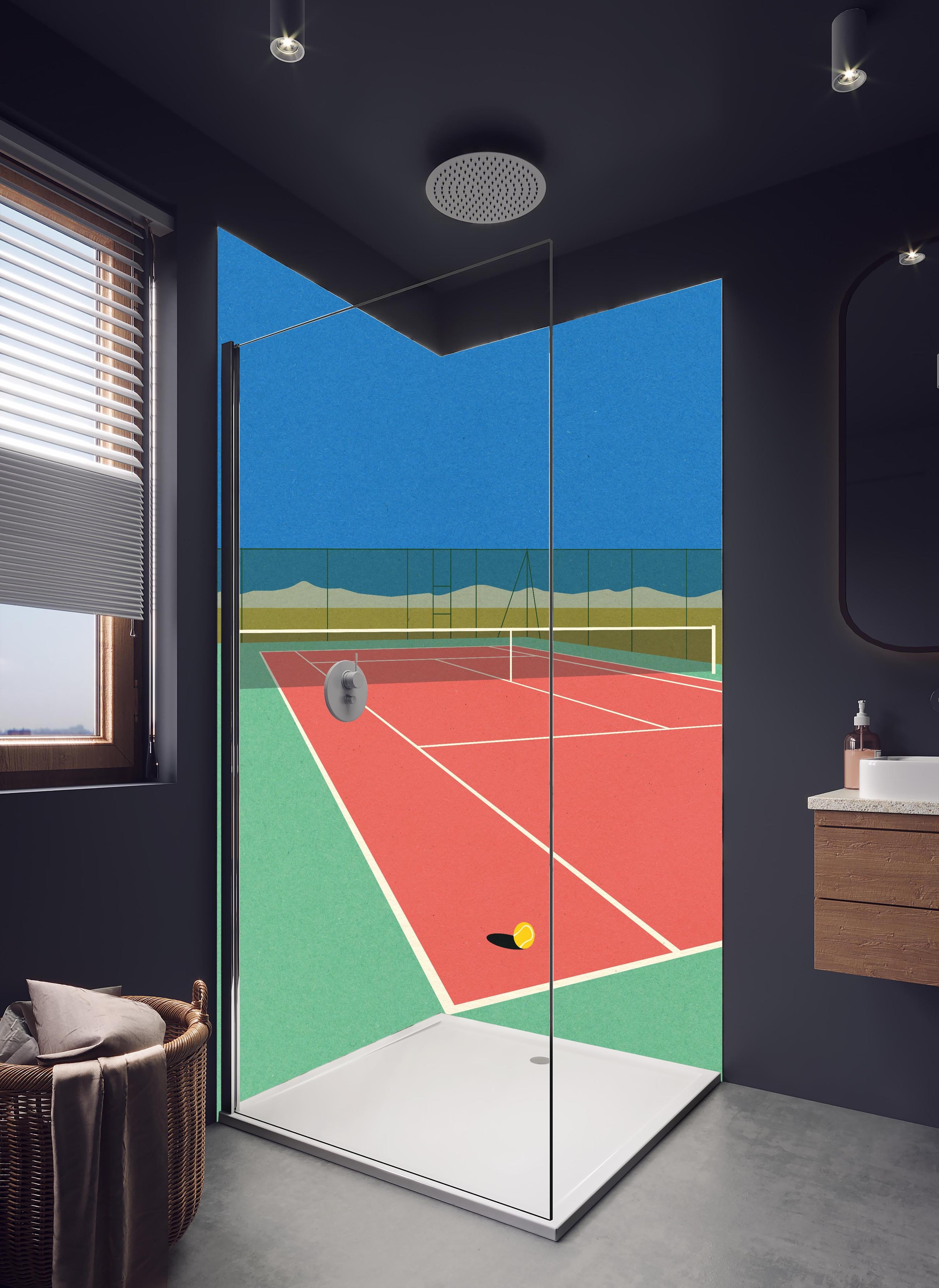 Duschrückwand - Farbenfrohes Tennisplatz Papierkunstwerk in Wüste in hellem Badezimmer mit Regenduschkopf - zweiteilige Eck-Duschrückwand
