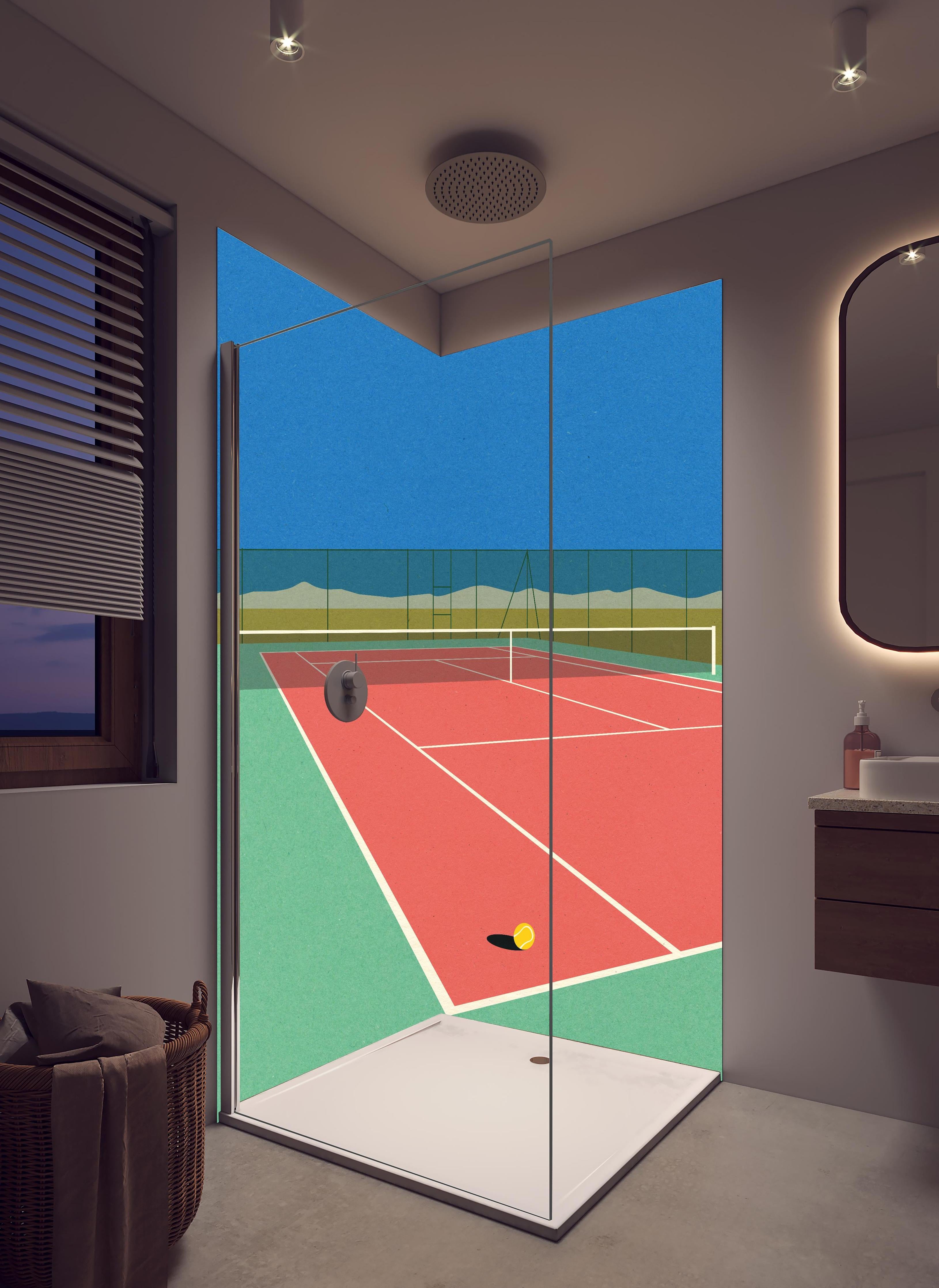 Duschrückwand - Farbenfrohes Tennisplatz Papierkunstwerk in Wüste in hellem Badezimmer mit Regenduschkopf - zweiteilige Eck-Duschrückwand
