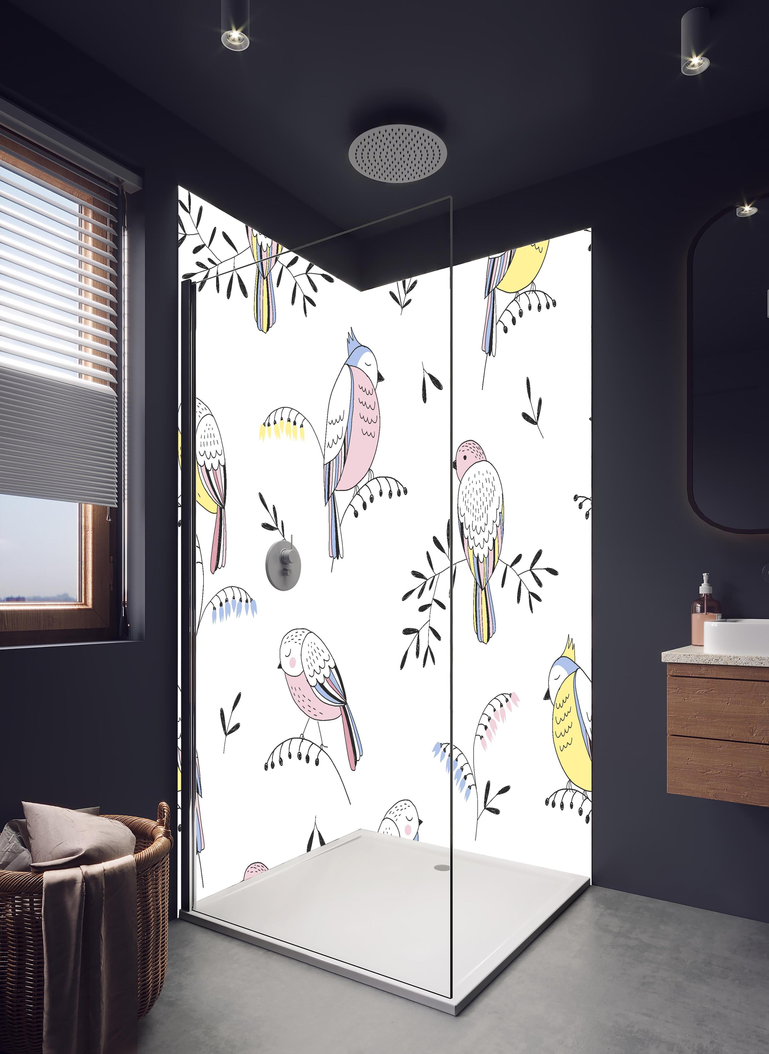 Duschrückwand - Farbenfrohes Vogel Muster Design Tapete in hellem Badezimmer mit Regenduschkopf - zweiteilige Eck-Duschrückwand