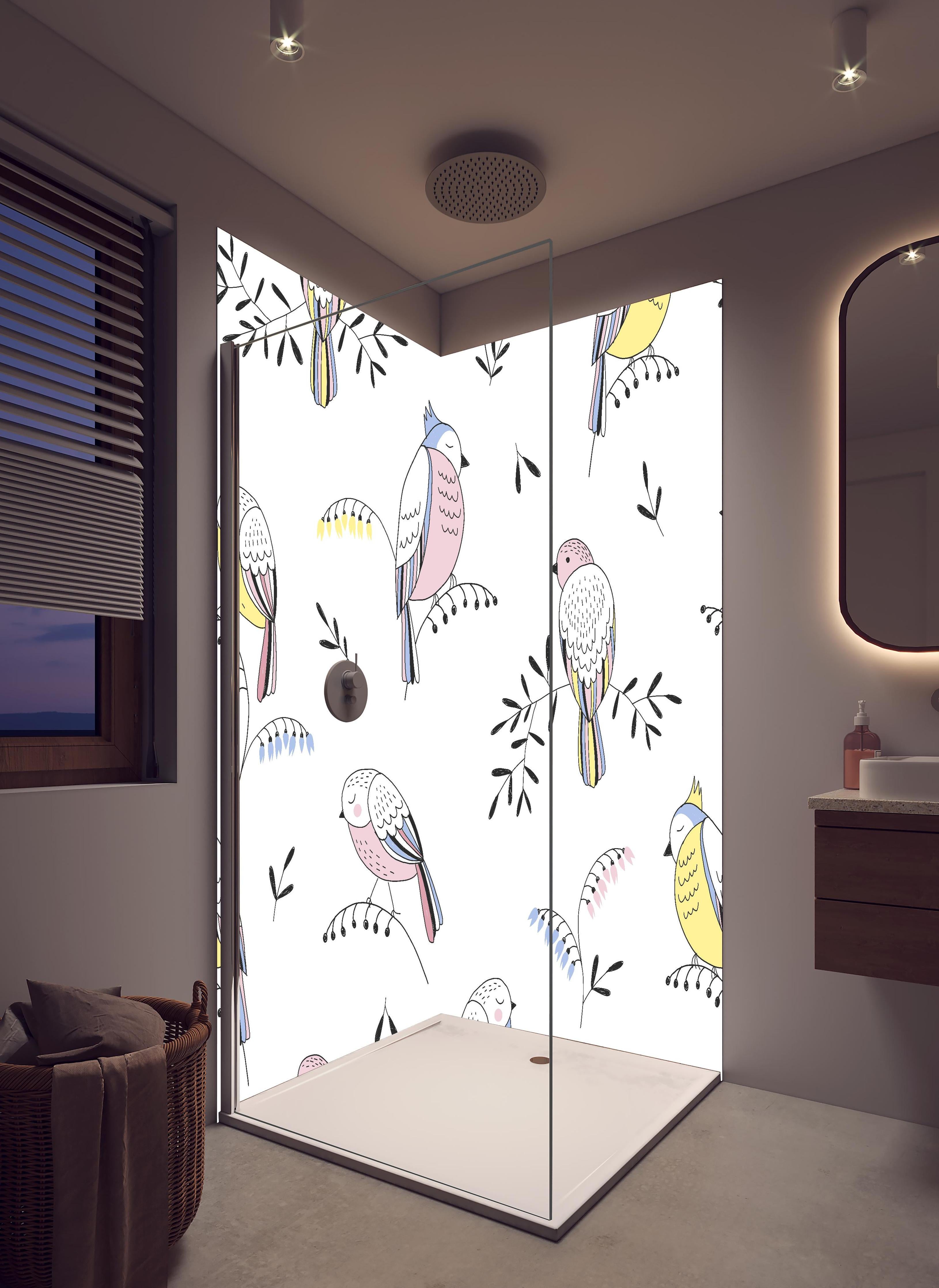 Duschrückwand - Farbenfrohes Vogel Muster Design Tapete in hellem Badezimmer mit Regenduschkopf - zweiteilige Eck-Duschrückwand