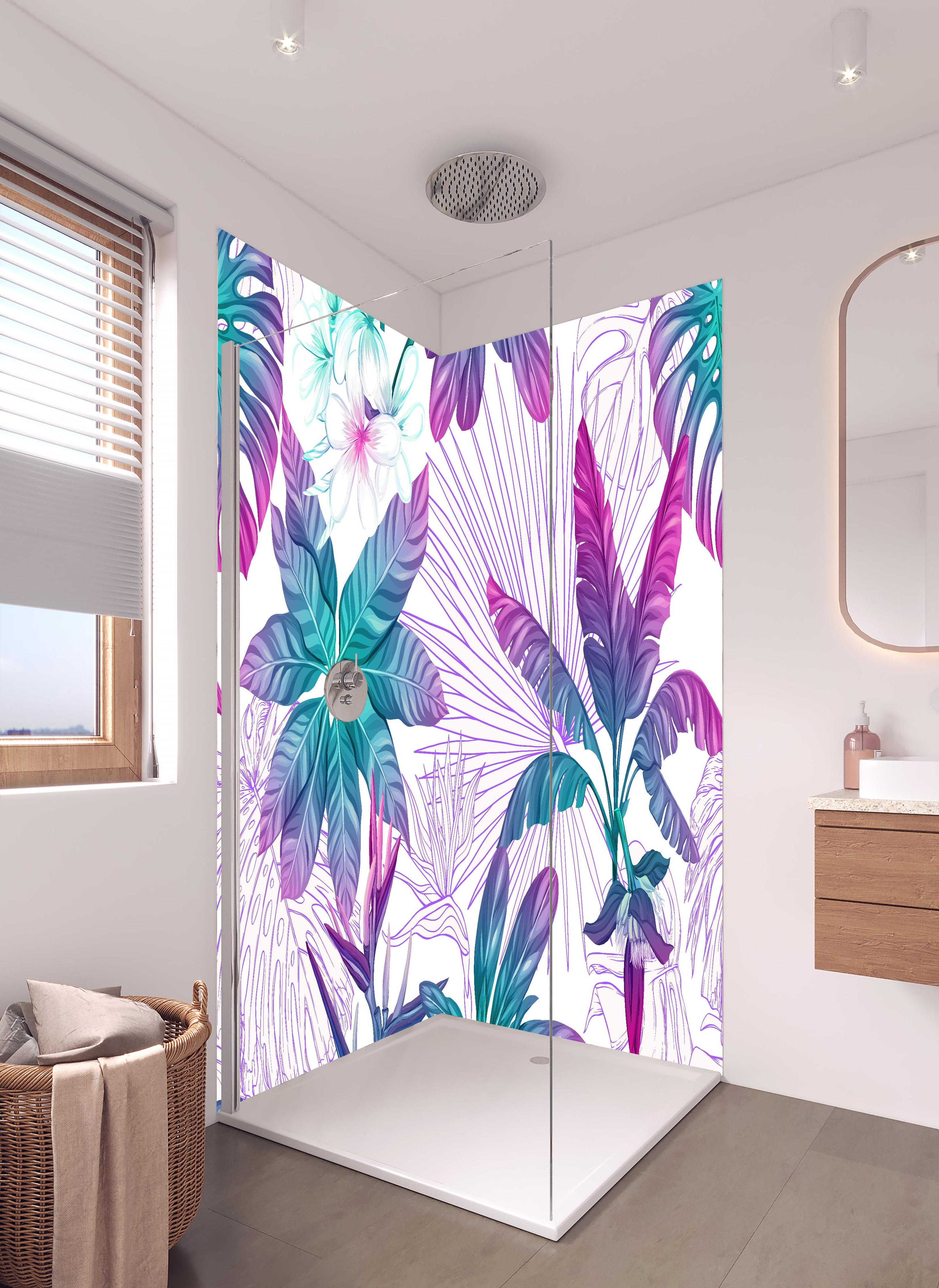 Duschrückwand - Farbenfrohes tropisches Pflanzen-Design in hellem Badezimmer mit Regenduschkopf - zweiteilige Eck-Duschrückwand