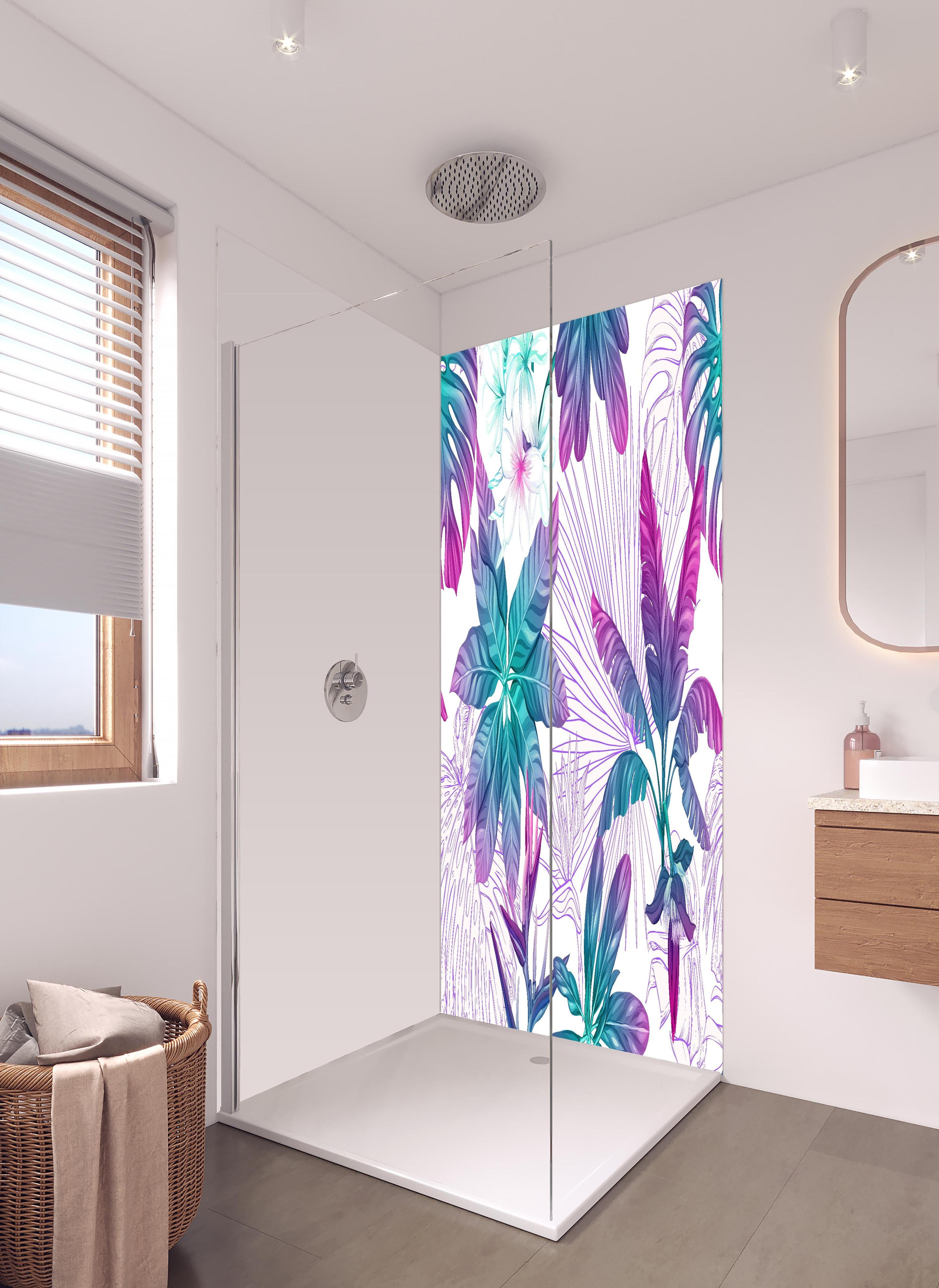 Duschrückwand - Farbenfrohes tropisches Pflanzen-Design in hellem Badezimmer mit Regenduschkopf - zweiteilige Eck-Duschrückwand