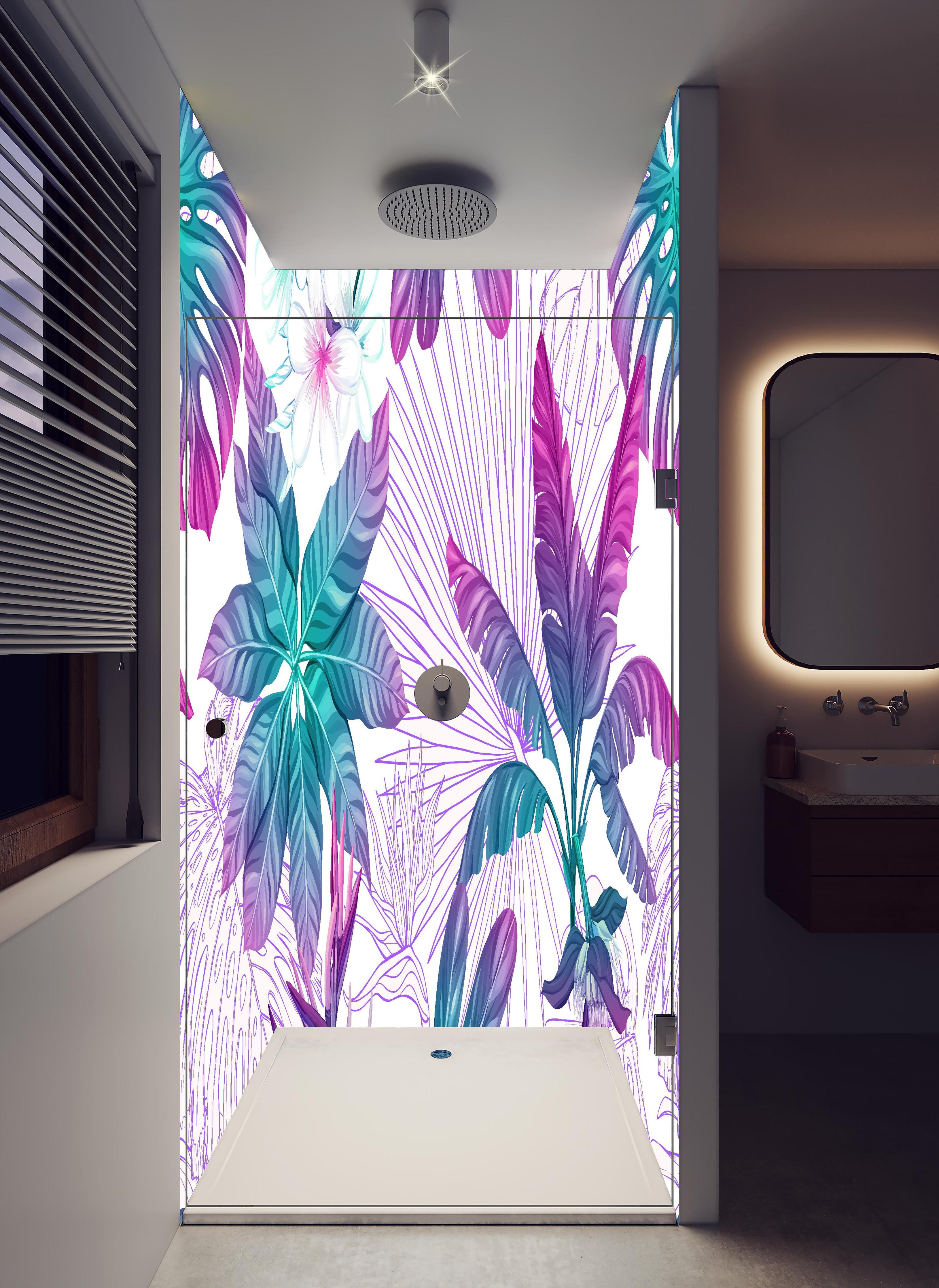 Duschrückwand - Farbenfrohes tropisches Pflanzen-Design in hellem Badezimmer mit Regenduschkopf - zweiteilige Eck-Duschrückwand
