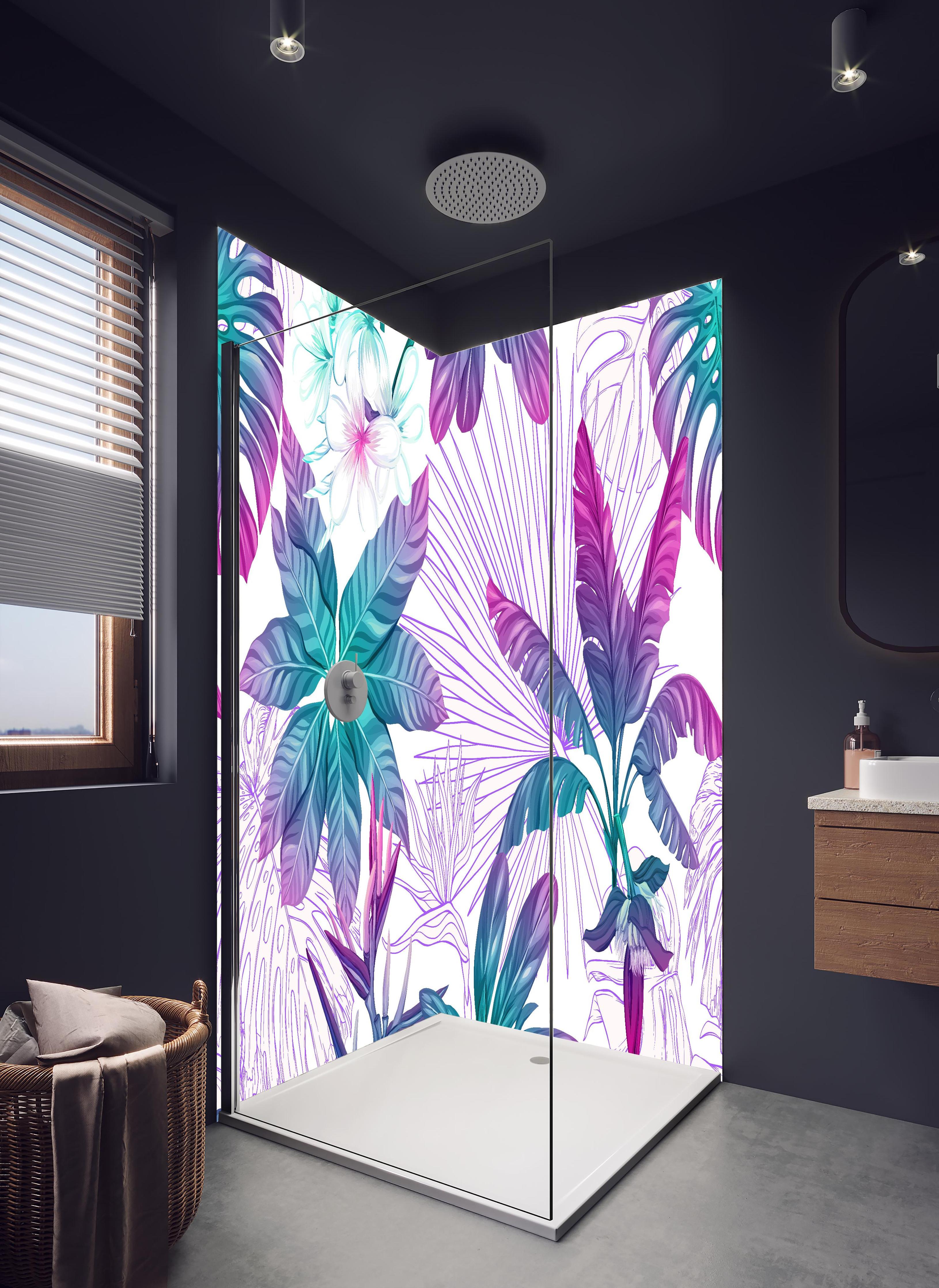 Duschrückwand - Farbenfrohes tropisches Pflanzen-Design in hellem Badezimmer mit Regenduschkopf - zweiteilige Eck-Duschrückwand