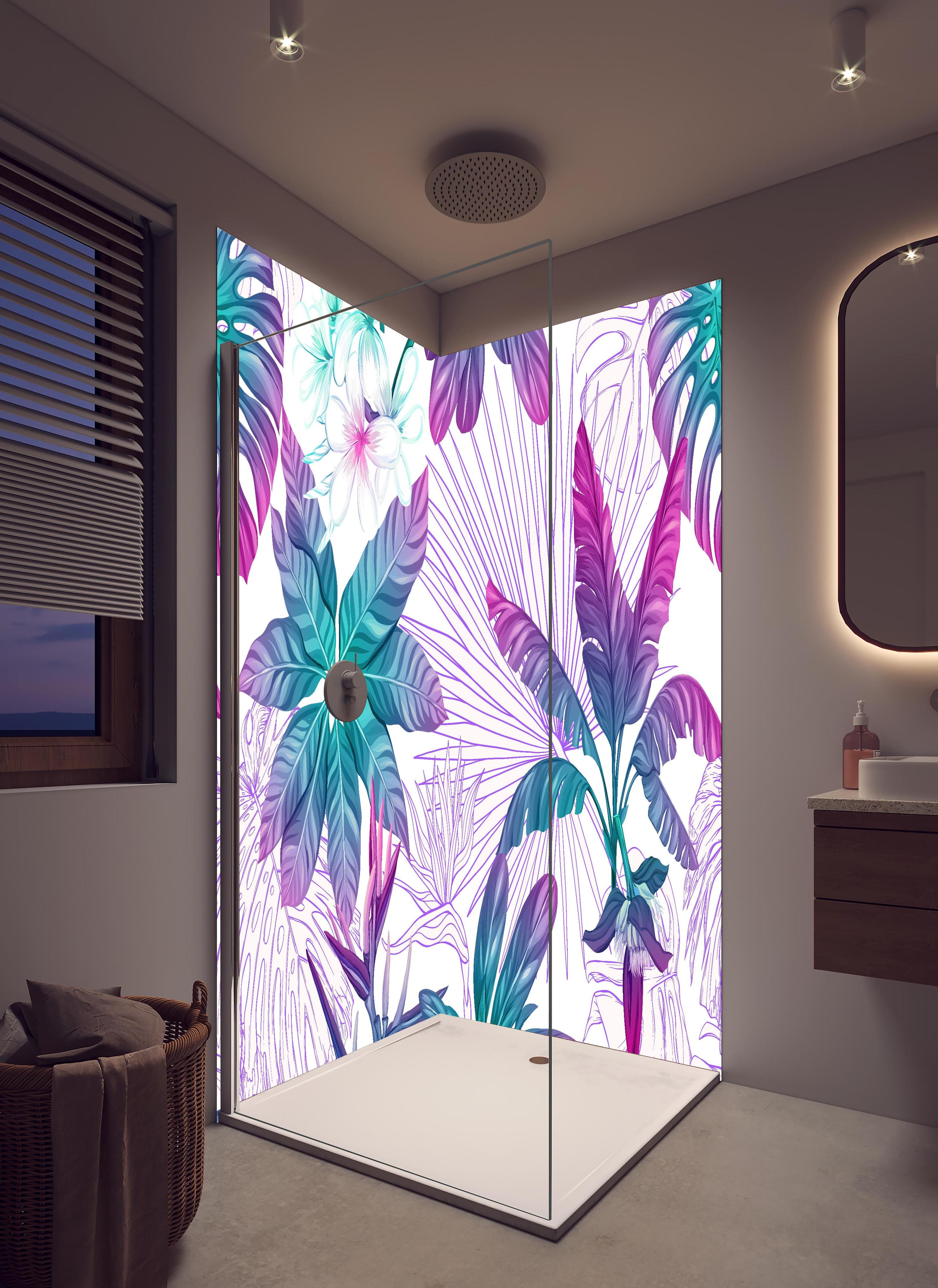 Duschrückwand - Farbenfrohes tropisches Pflanzen-Design in hellem Badezimmer mit Regenduschkopf - zweiteilige Eck-Duschrückwand