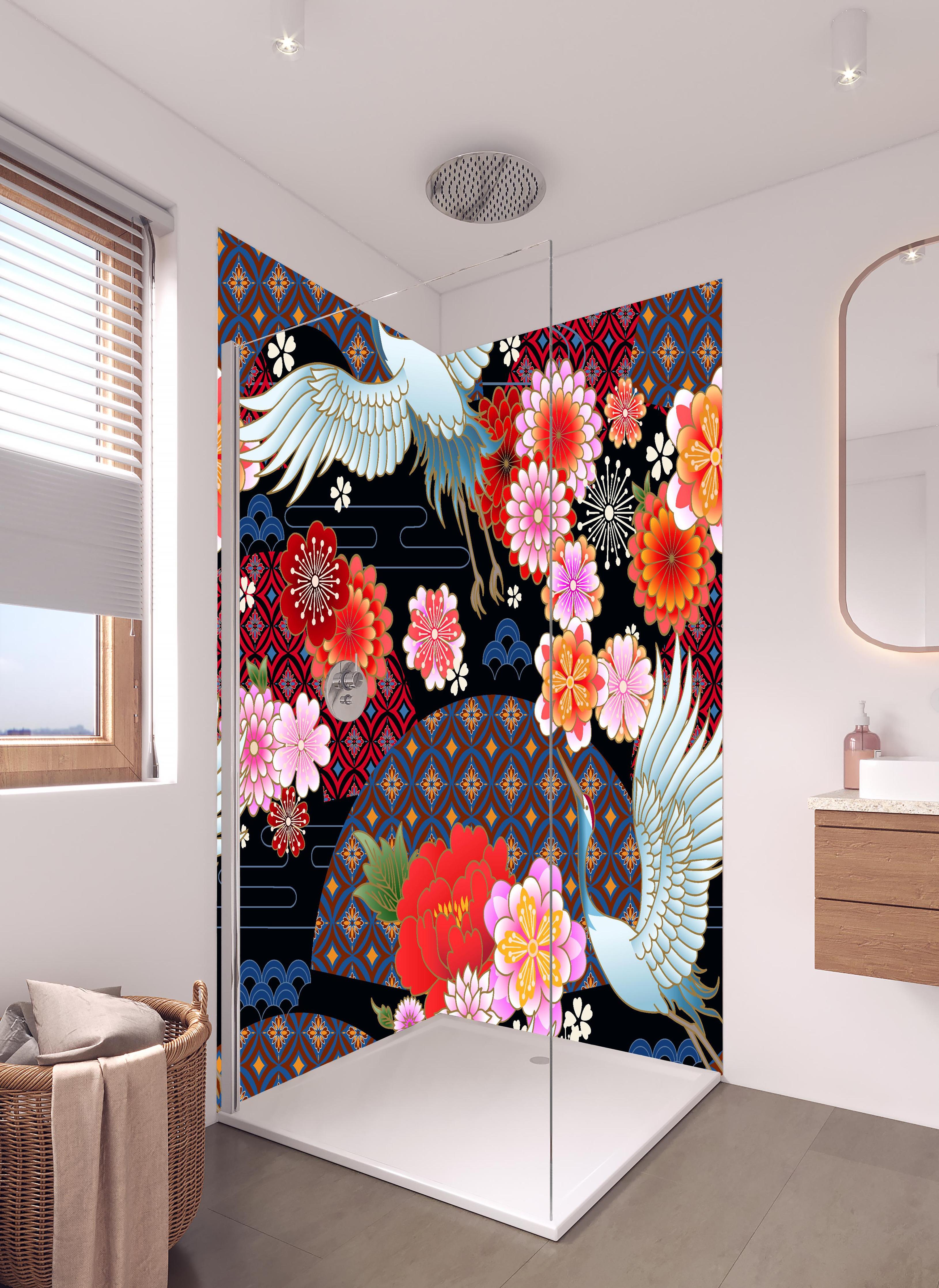 Duschrückwand - Farbenprächtige Japanische Muster mit Kranichen in hellem Badezimmer mit Regenduschkopf - zweiteilige Eck-Duschrückwand